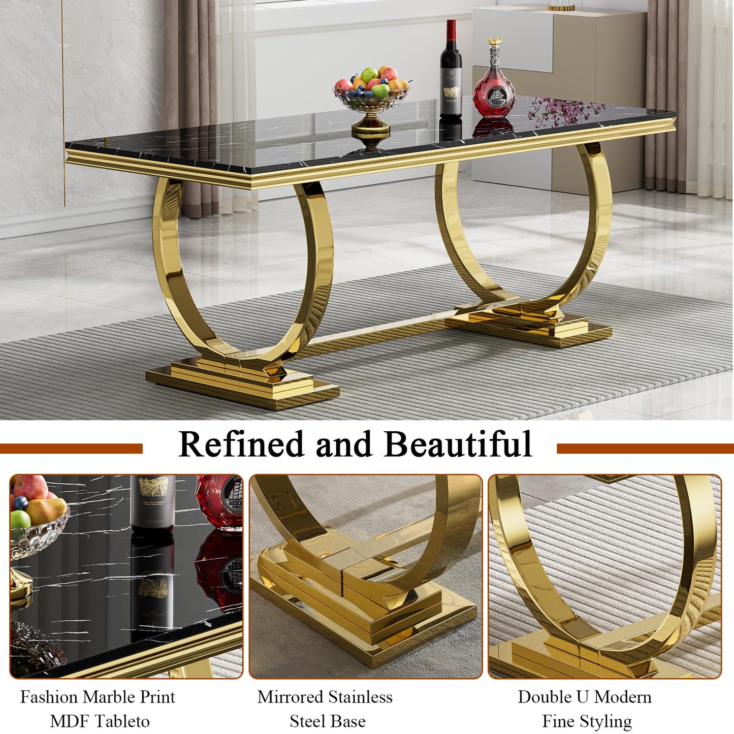 HomVent 70" Faux Marble Dining Table Set for 6, Rectangular Marble Top Kitchen Table Set, Kitchen & Dining Room Sets, Dining Table and Dining Chair