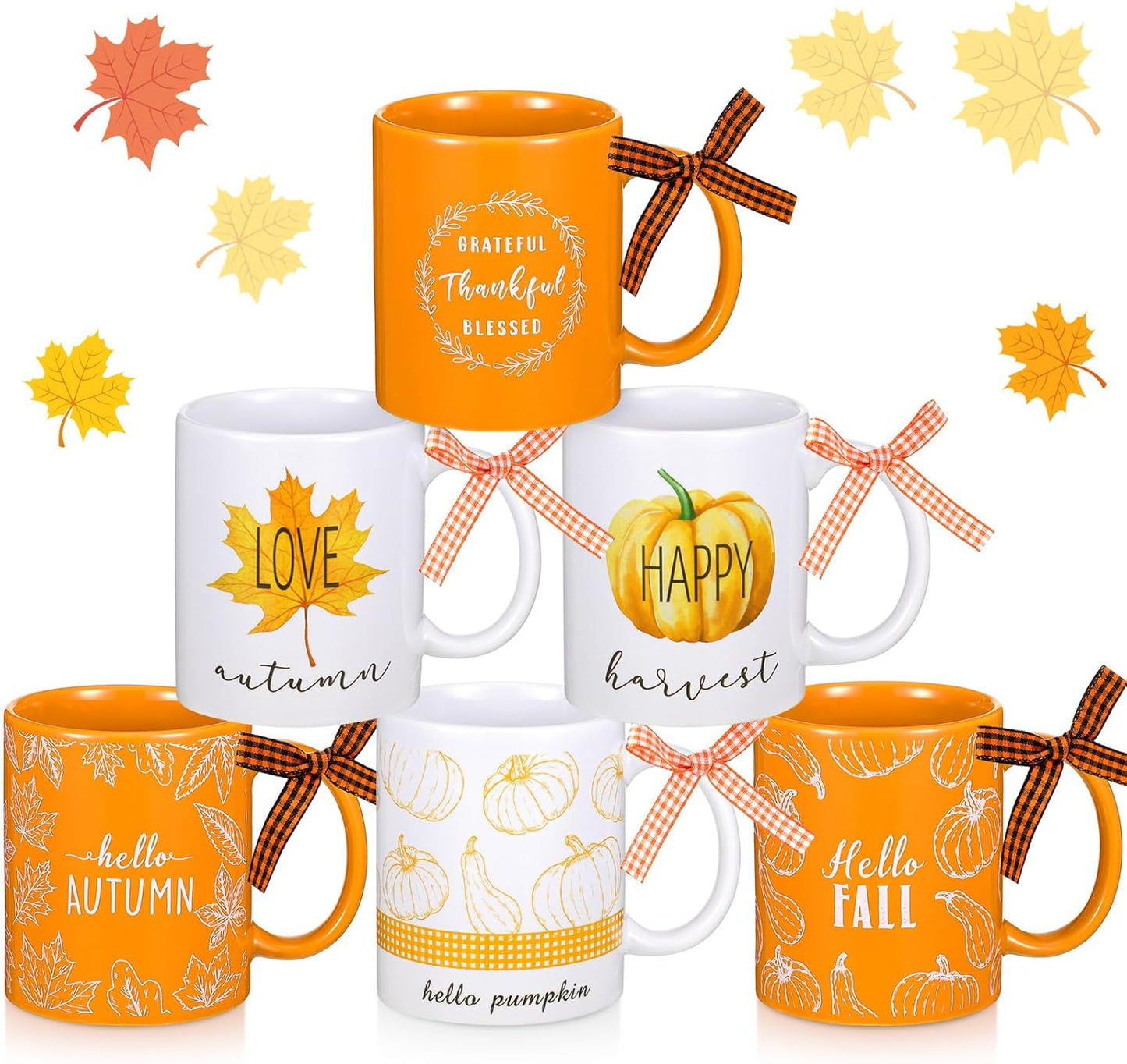 Lallisa 6 Pcs Fall Thanksgiving Ceramic Coffee Mugs Set 11 oz Cup Hello Pumpkin Harvest Maple Leaf Farmhouse Autumn Decorations for Home Kitchen Gift