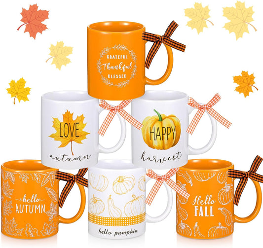 Lallisa 6 Pcs Fall Thanksgiving Ceramic Coffee Mugs Set 11 oz Cup Hello Pumpkin Harvest Maple Leaf Farmhouse Autumn Decorations for Home Kitchen Gift