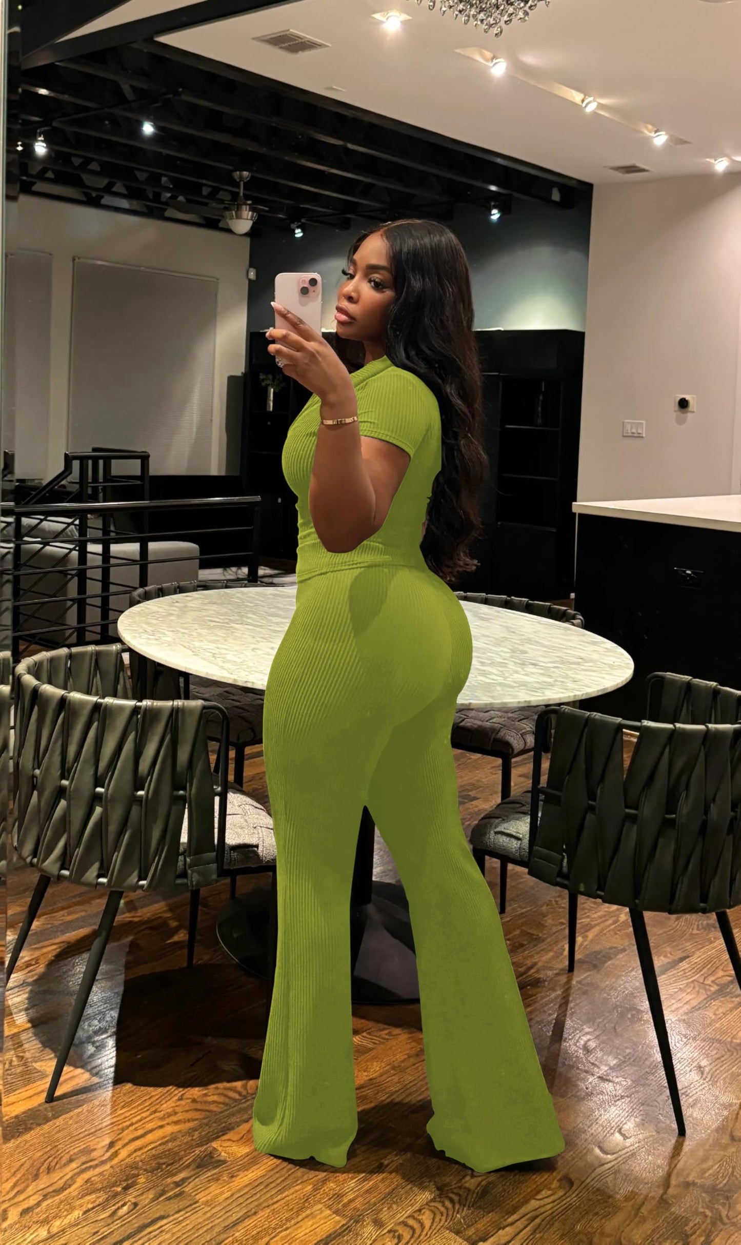 HBQ Women Two Piece Outfit Ribbed Short Sleeve V Neck Polo Top and Flare Pants Casual Lounge Sets Tracksuit