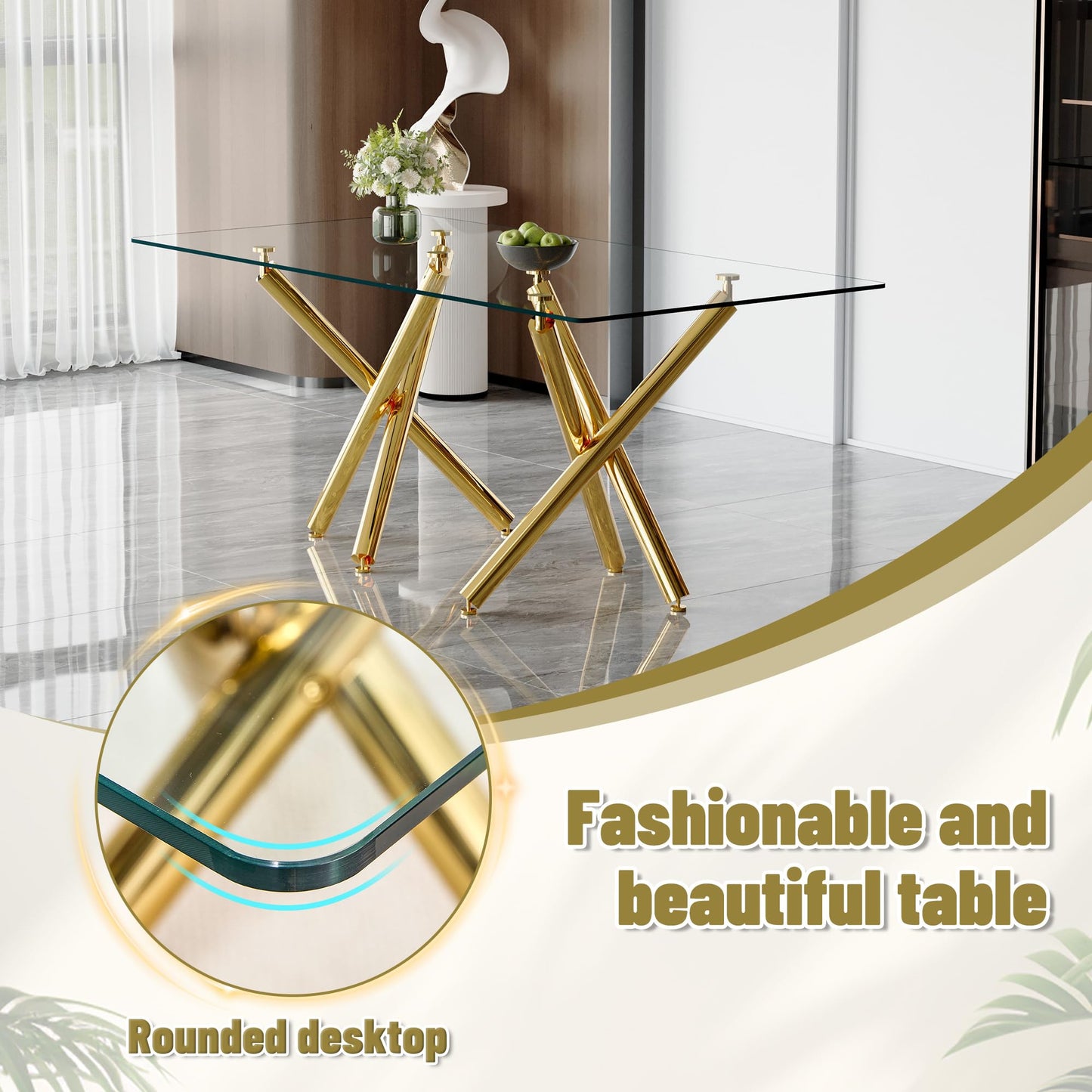 AZmac Modern Dining Table Set for 8 with Gold Metal Frame, 9-Piece Glass Dining Table with PU High Back Chairs for Kitchen Dining Room, Glass Table and 8 White Chairs