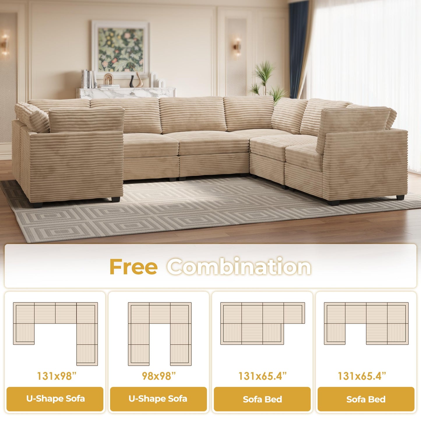 HOOOWOOO Modular Sectional Sofa,5 Pieces Sectional Couches for Living Room,98X98 L Shaped Cloud Couch Set(Grey Velvet Corduroy)