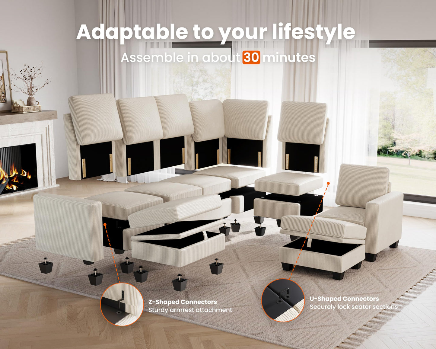 CHIC HOUSE Corduroy Modular Sectional Couch with Ottoman Chaise, L Shaped 4-seat Sofa for Living Room, Apartment, Lounge, Modern Armrest Neck Support Furniture