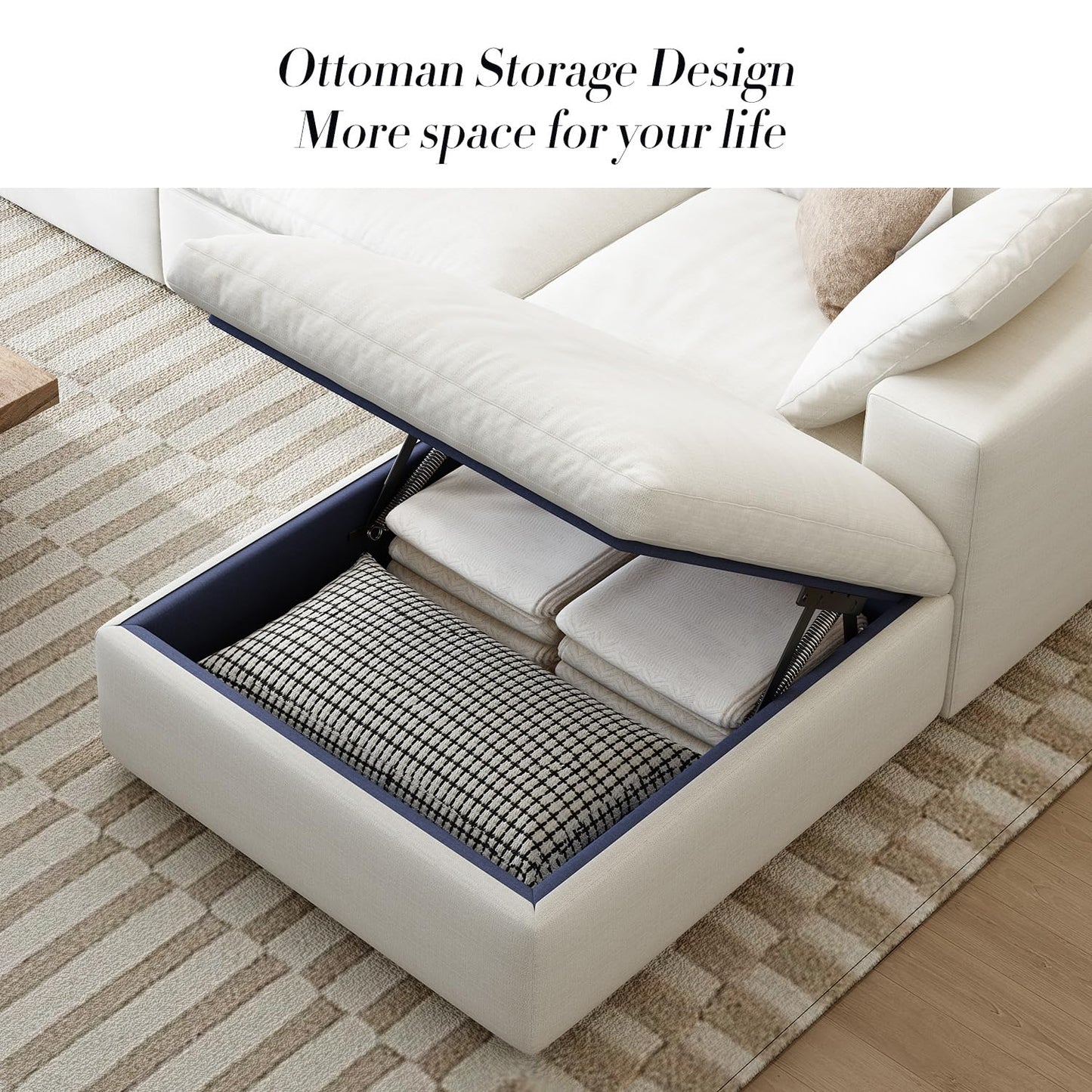 Cloud Modular Sectional Sofa with Storage Ottoman,120" L Shaped Sectional Couches for Living Room,Down Filled Comfort Minimalist Deep Sofa Couches for Office Apartment (White, 3 Seater+1 Ottoman)