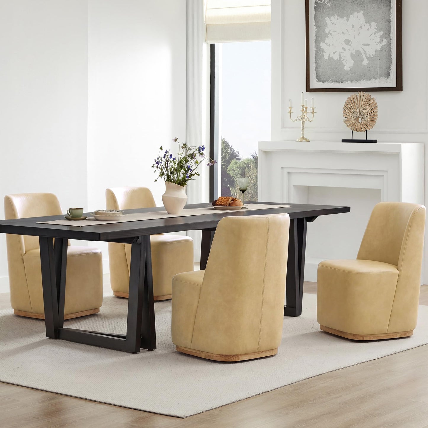 CHITA Upholstered Rolling Dining Chair with Casters Set of 2, Oatmeal | FSC Certified Modern Fabric Dining Chair with Casters, Boucle Dining Chairs for Reading Room Kitchen Dining Room