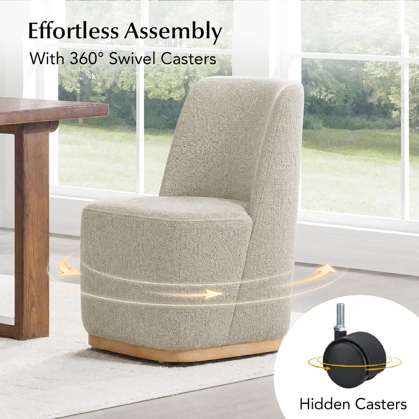 CHITA Upholstered Rolling Dining Chair with Casters Set of 2, Oatmeal | FSC Certified Modern Fabric Dining Chair with Casters, Boucle Dining Chairs for Reading Room Kitchen Dining Room