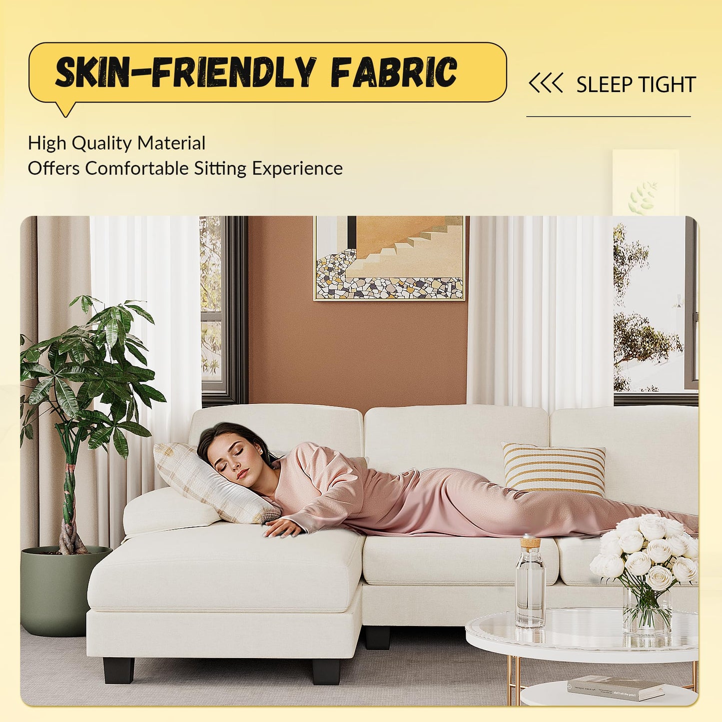 JUMMICO Sectional Couches for Living Room, U Shaped Couch with Chenille Fabric, 4 Seat Modern Sofa with Removable Pillows for Apartment and Small Space (Corduroy, Beige)