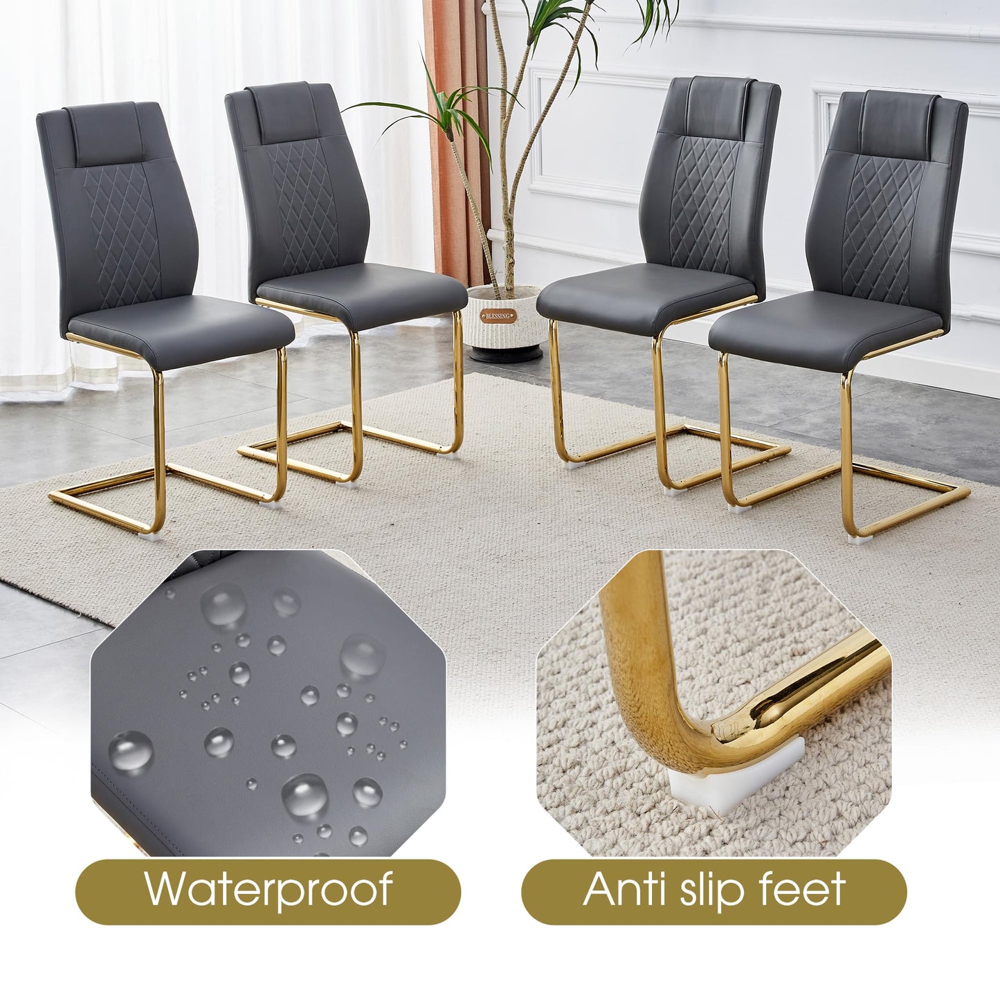 AZmac Modern Dining Table Set for 8 with Gold Metal Frame, 9-Piece Glass Dining Table with PU High Back Chairs for Kitchen Dining Room, Glass Table and 8 White Chairs