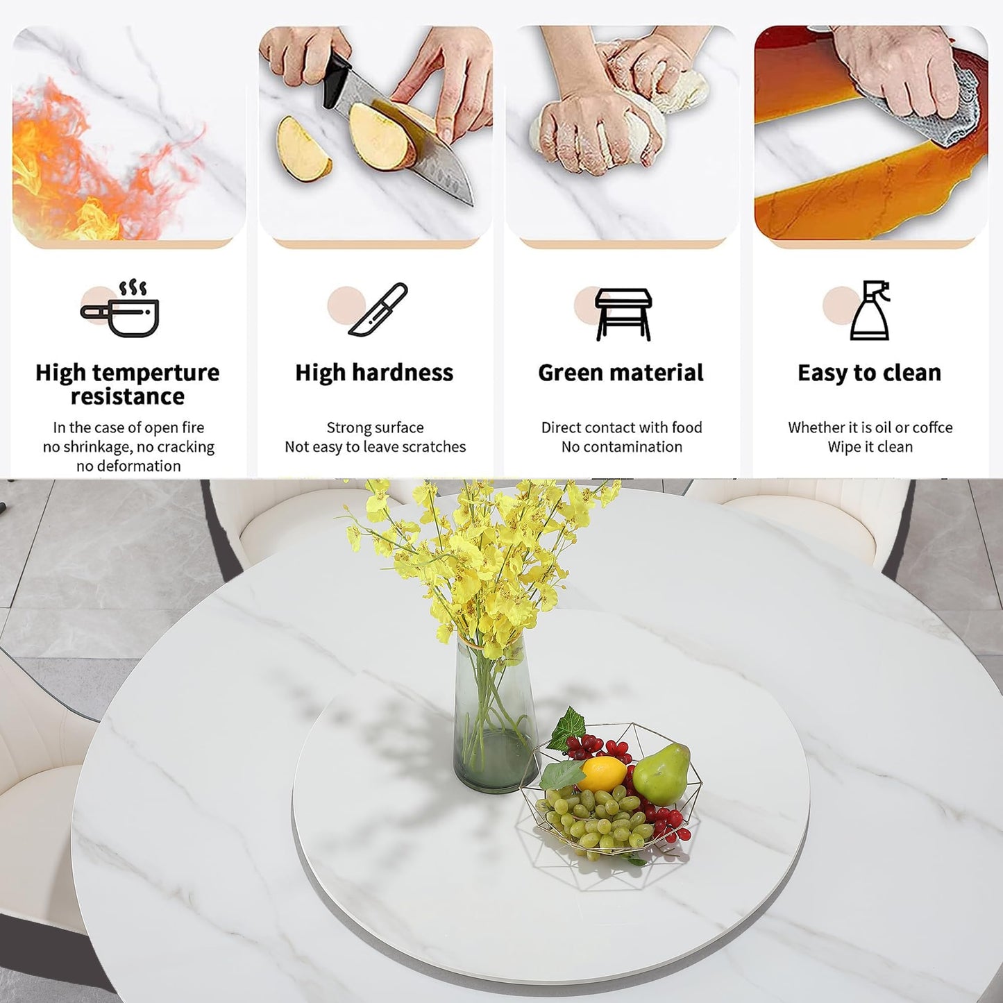 59" Round Dining Table Set for 8 with Lazy Susan Modern Sintered Stone 9 Pieces Dining Room Table Set with 8 Chairs and 31.5" Round Turntable