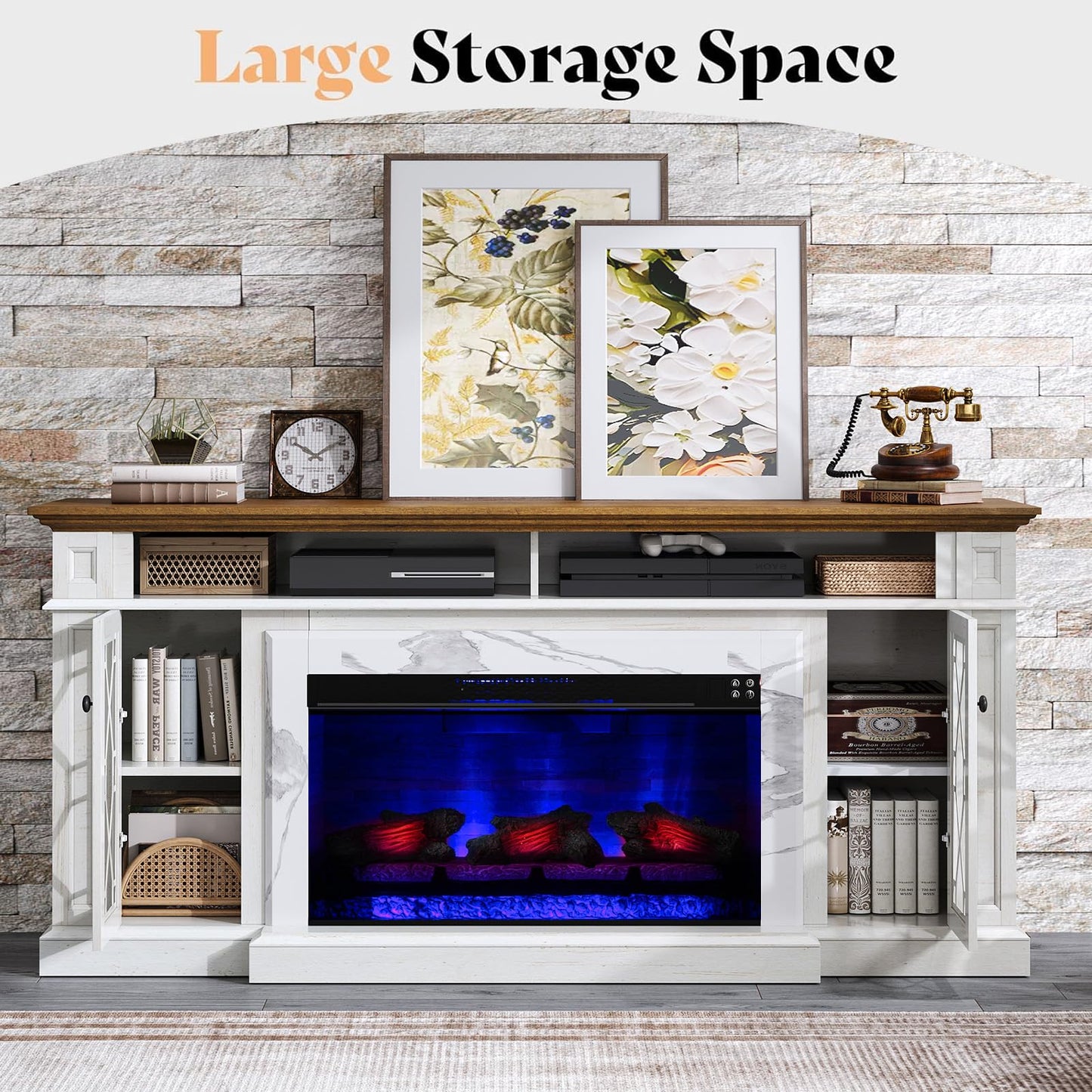 AMERLIFE 70" Farmhouse Heavy Fireplace TV Stand with 33" Electric Fireplace, for 80" TVs up, Media Entertainment Center with Diamond Door, TV Console Storage Cabinet for Living Room, White & Barnwood