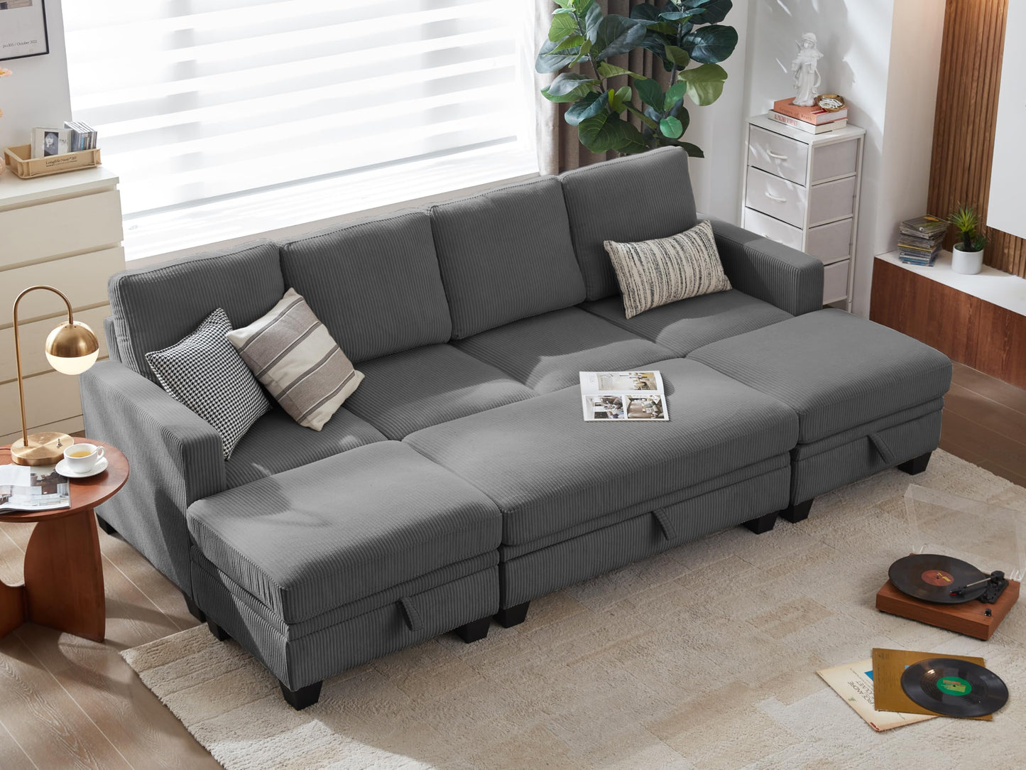 CHIC HOUSE Corduroy Modular Sectional Couch with Ottoman Chaise, L Shaped 4-seat Sofa for Living Room, Apartment, Lounge, Modern Armrest Neck Support Furniture
