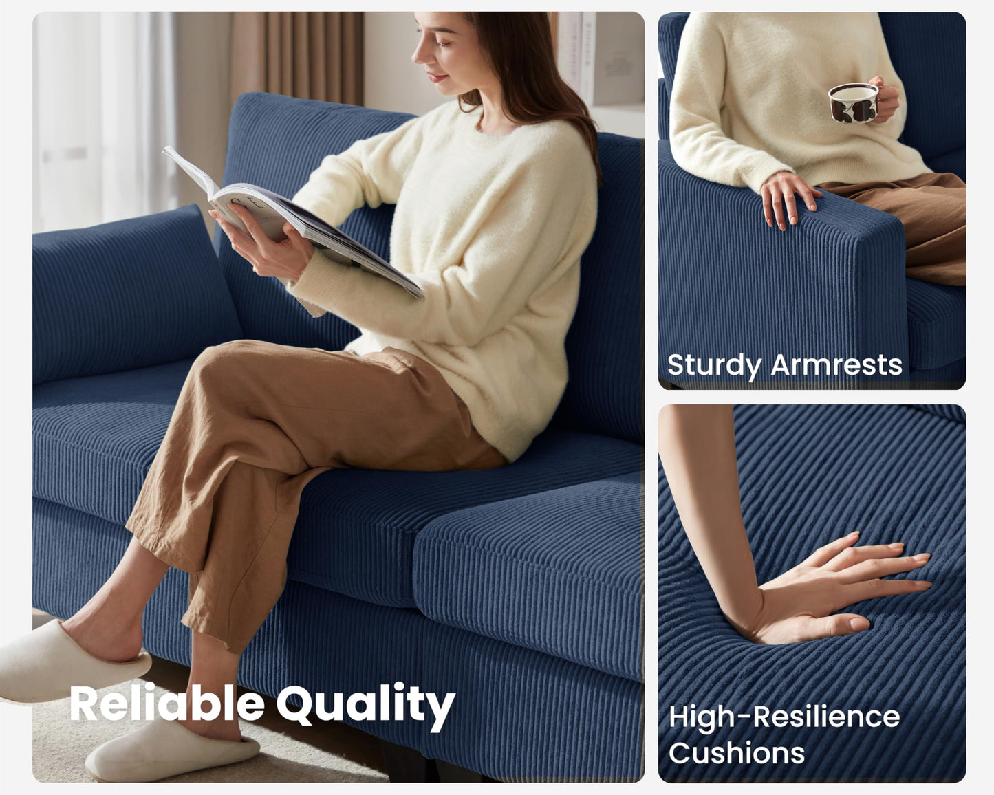 CHIC HOUSE Corduroy Modular Sectional Couch with Ottoman Chaise, L Shaped 4-seat Sofa for Living Room, Apartment, Lounge, Modern Armrest Neck Support Furniture