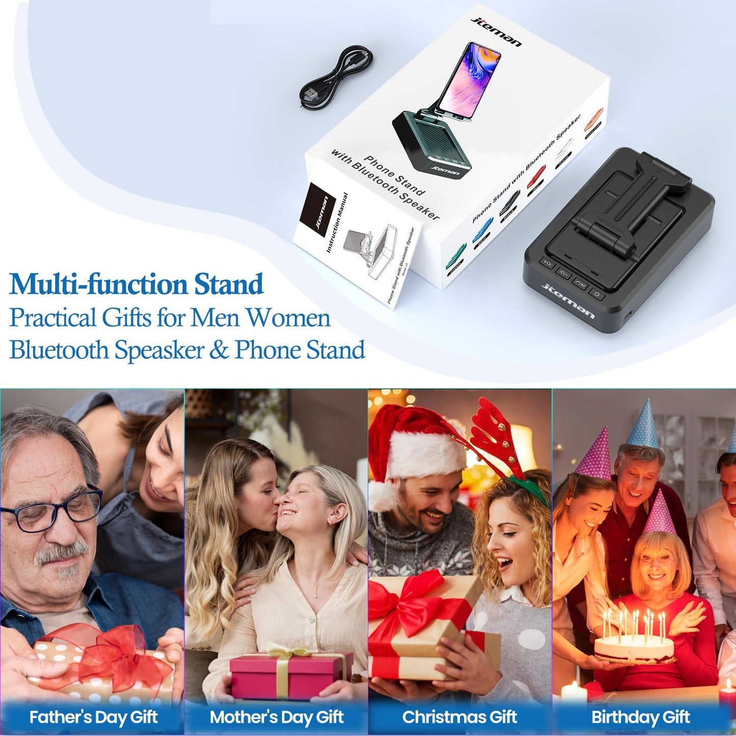 JTEMAN Tablet Stand Adjustable with Bluetooth Speakers,Kitchen Gadgets,Gifts for Women Men,Wireless Bluetooth Speaker Tablet Holder,Desk Mic Charging Sation Compatible with Phones and Tablet