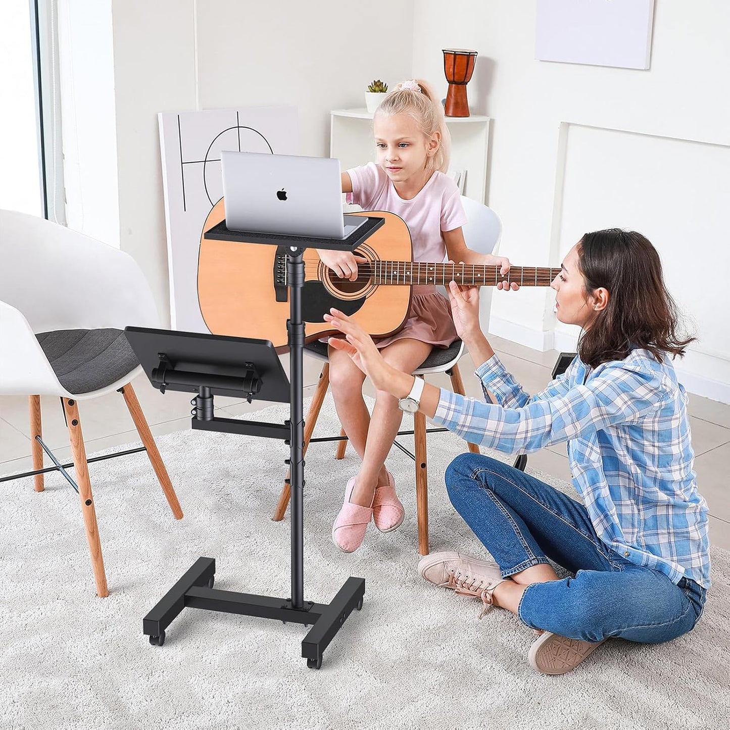 2 Shelves Projector Stand Tripod, Mobile Laptop Cart on Wheels Projector Tripod Stand Adjustable Height 45 to 64 Inches, Overbed Table with Wheels, Rolling Laptop Floor Stand for Couch