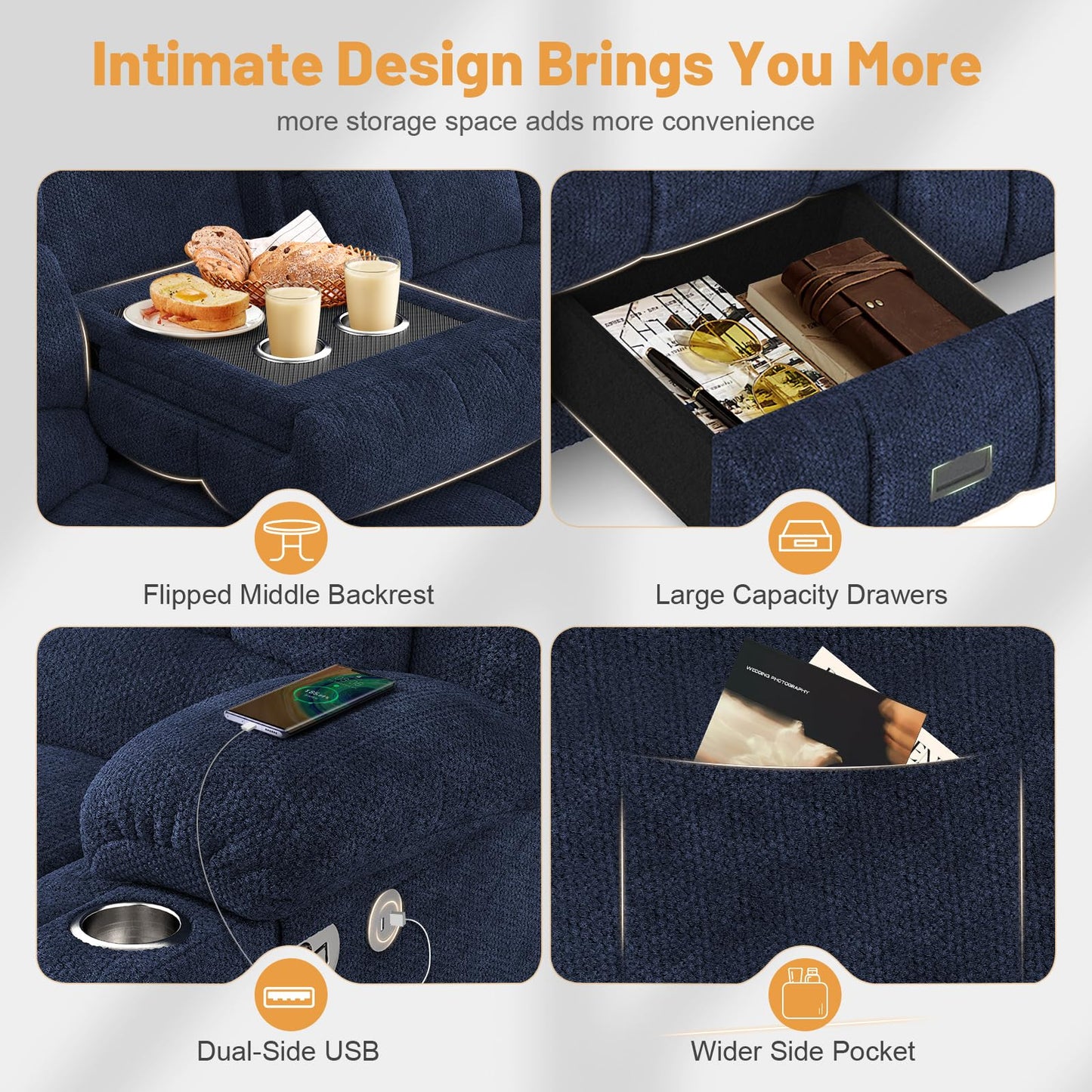 Loveseat Recliner Sofa, Flip Middle Backrest Design 3 Seat Reclining Sofa with Storage Drawer, USB Ports & Cup Holders, Manual Couch for Living Room/RV (Gray)