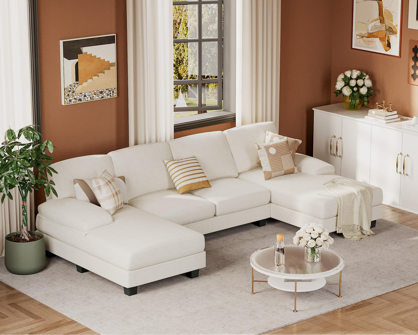 JUMMICO Sectional Couches for Living Room, U Shaped Couch with Chenille Fabric, 4 Seat Modern Sofa with Removable Pillows for Apartment and Small Space (Corduroy, Beige)