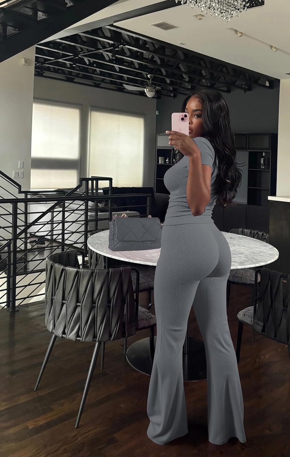 HBQ Women Two Piece Outfit Ribbed Short Sleeve V Neck Polo Top and Flare Pants Casual Lounge Sets Tracksuit