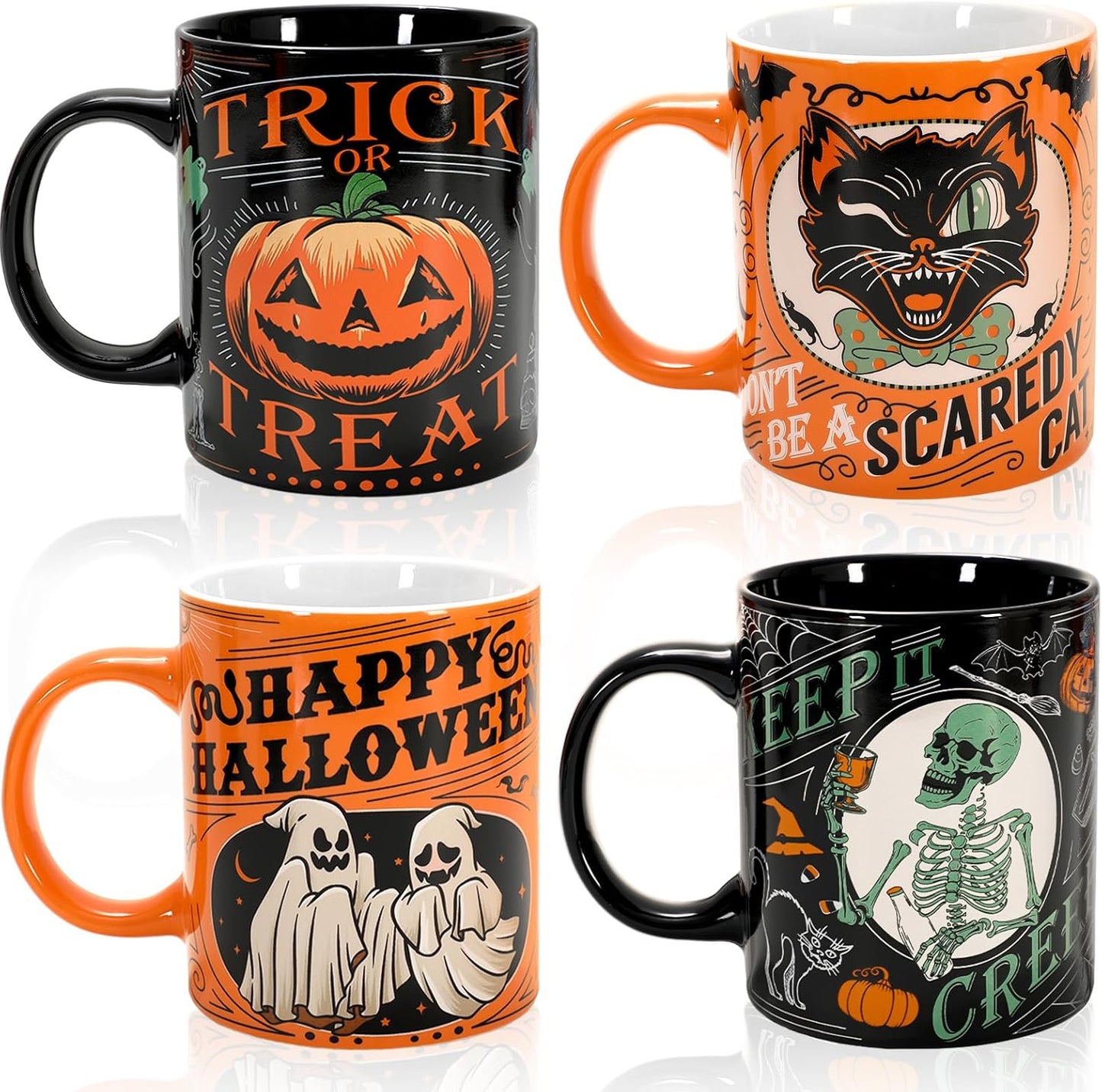 4Pcs Halloween Mugs Pumpkin Black Cat Ghost Skeleton Coffee Mug Orange Black Ceramic Drinking Cup for Halloween Party Table Centerpieces, 12oz