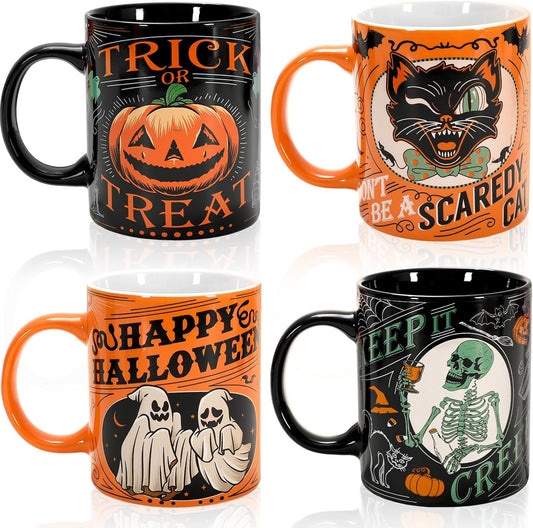 4Pcs Halloween Mugs Pumpkin Black Cat Ghost Skeleton Coffee Mug Orange Black Ceramic Drinking Cup for Halloween Party Table Centerpieces, 12oz