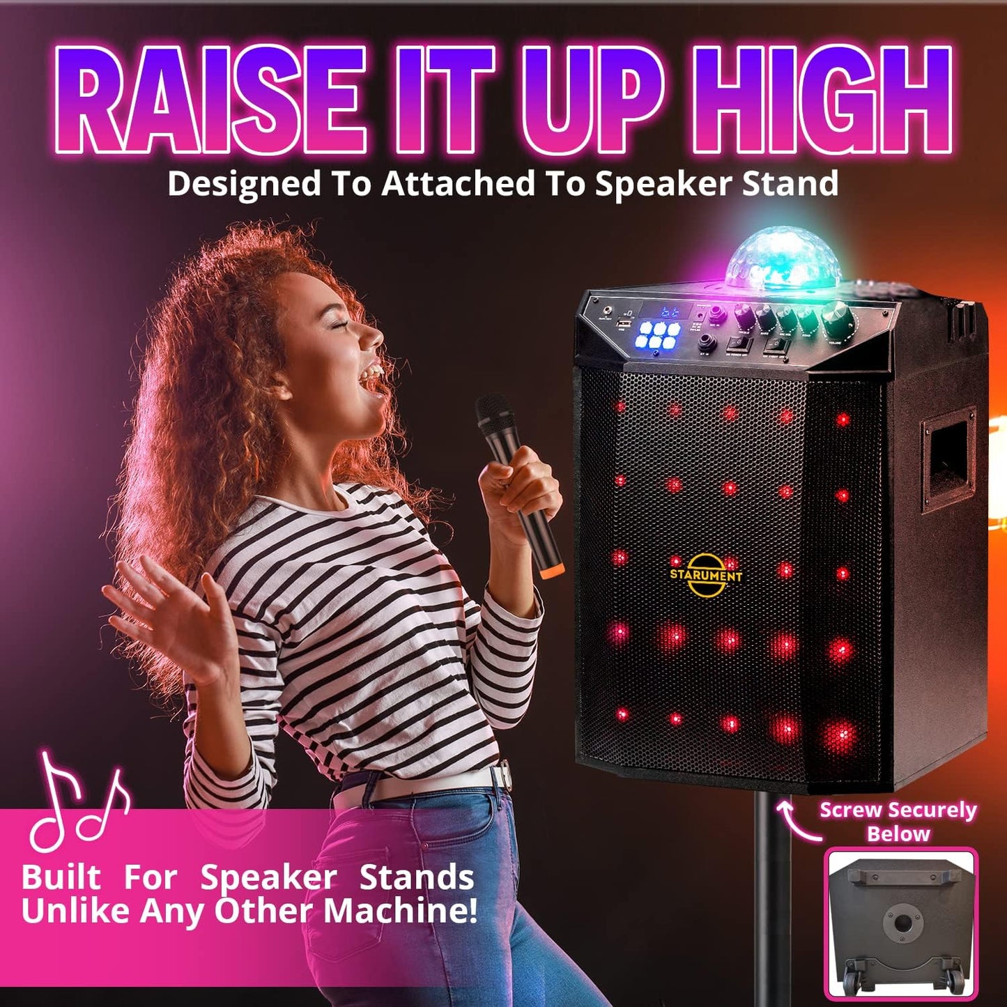 Starument Portable Karaoke Machine for Adults & Kids Complete Karaoke System Includes Bluetooth Speakers on Wheels, 2 Bluetooth Microphones, Disco Ball, LED Speaker Light, Cell Phone Stand & USB Aux