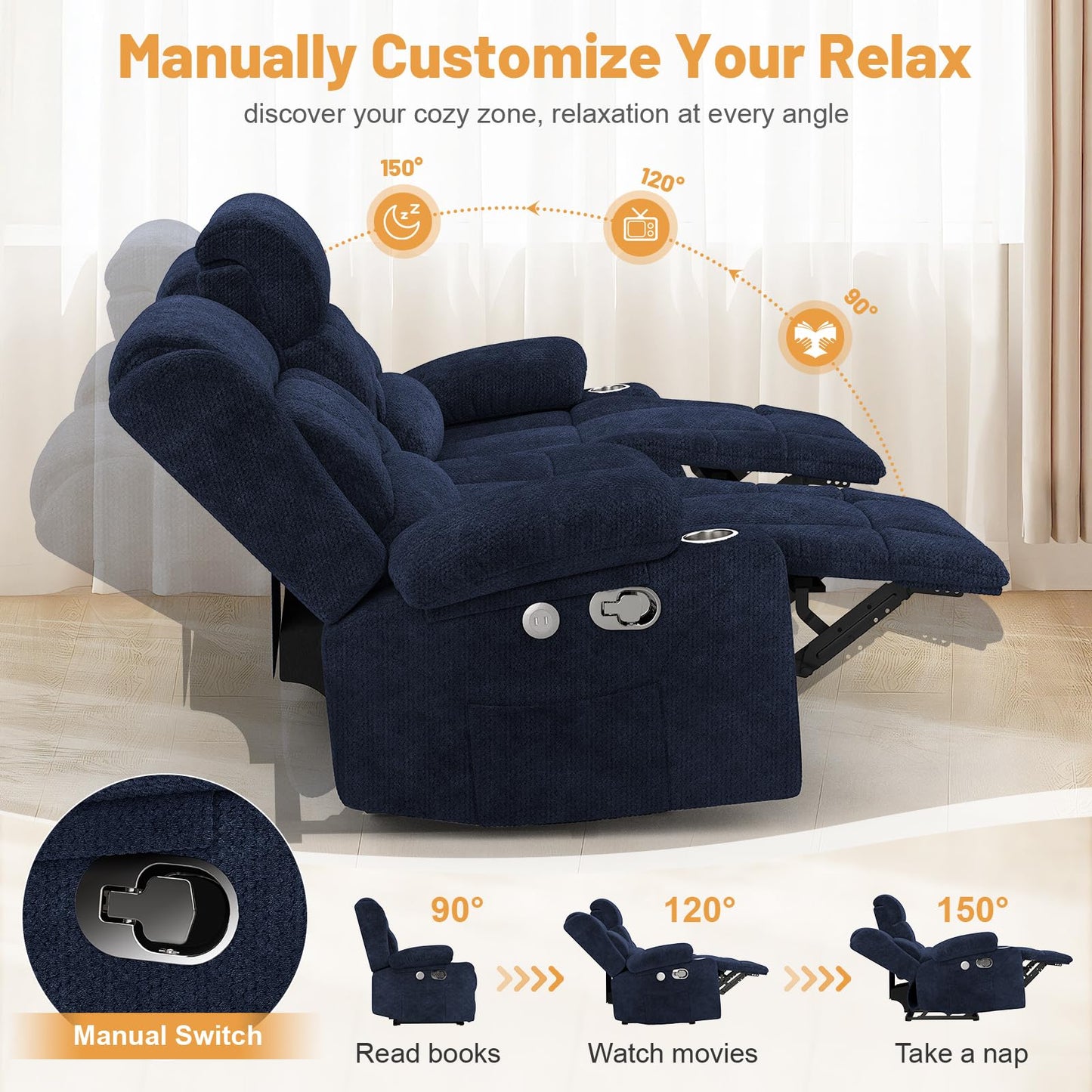 Loveseat Recliner Sofa, Flip Middle Backrest Design 3 Seat Reclining Sofa with Storage Drawer, USB Ports & Cup Holders, Manual Couch for Living Room/RV (Gray)