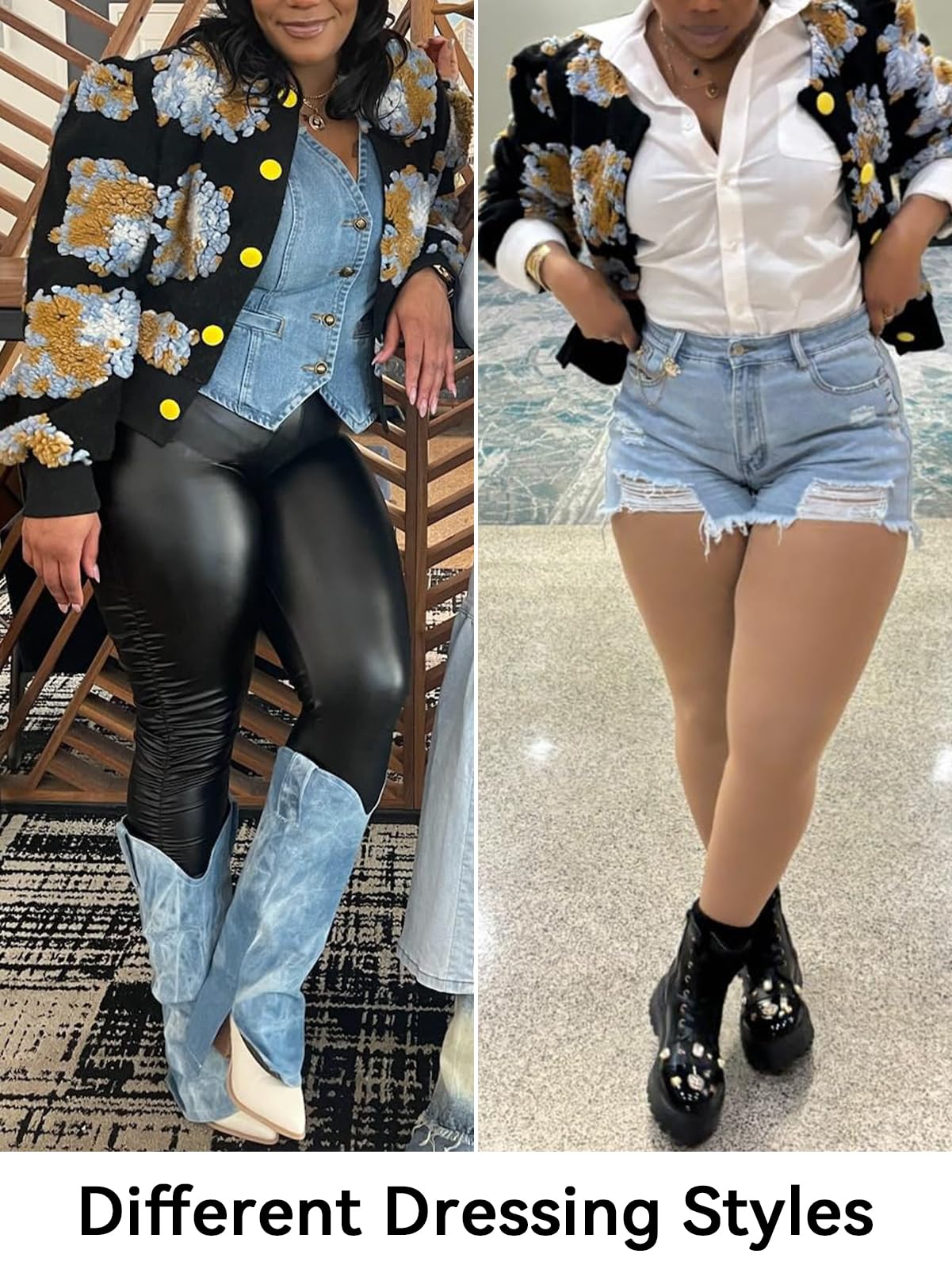 HOULENGS Women's Cropped Floral Print Fleece Bomber Jacket Casual Puff Sleeve Button Down Coats Winter Warm Outerwears