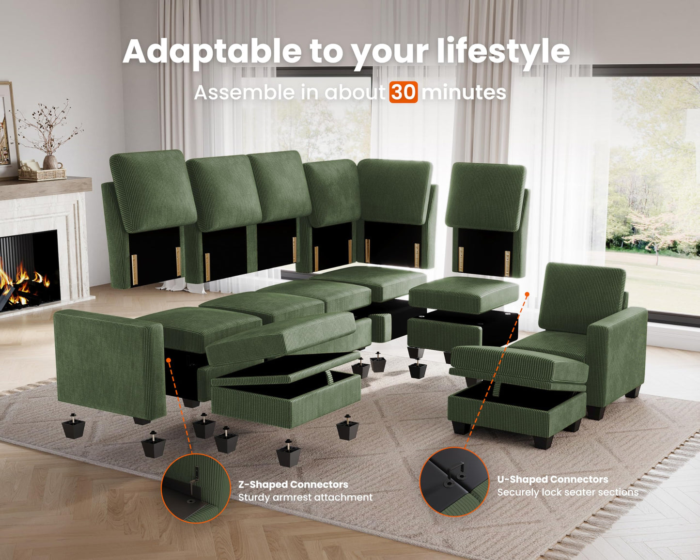 CHIC HOUSE Corduroy Modular Sectional Couch with Ottoman Chaise, L Shaped 4-seat Sofa for Living Room, Apartment, Lounge, Modern Armrest Neck Support Furniture