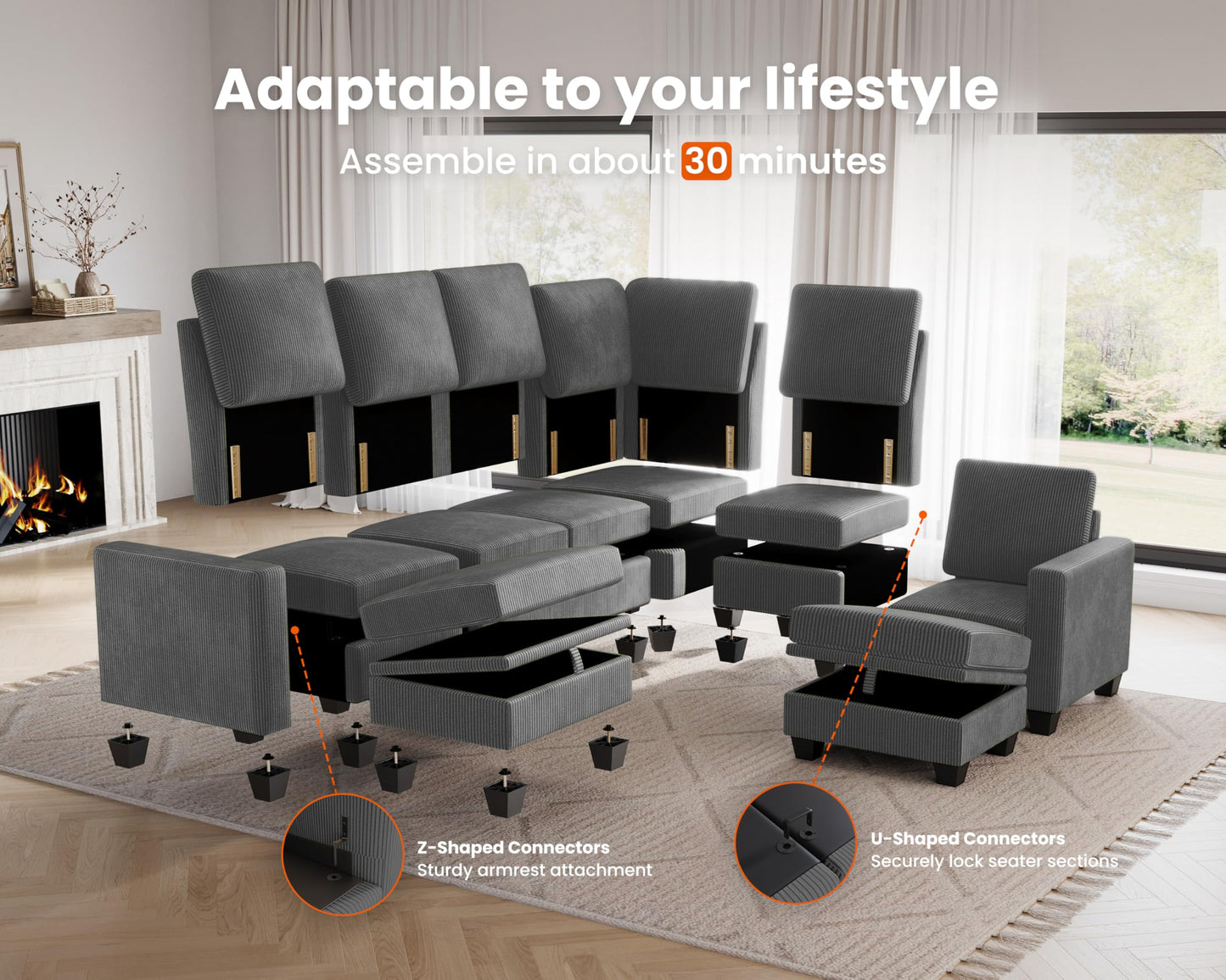 CHIC HOUSE Corduroy Modular Sectional Couch with Ottoman Chaise, L Shaped 4-seat Sofa for Living Room, Apartment, Lounge, Modern Armrest Neck Support Furniture