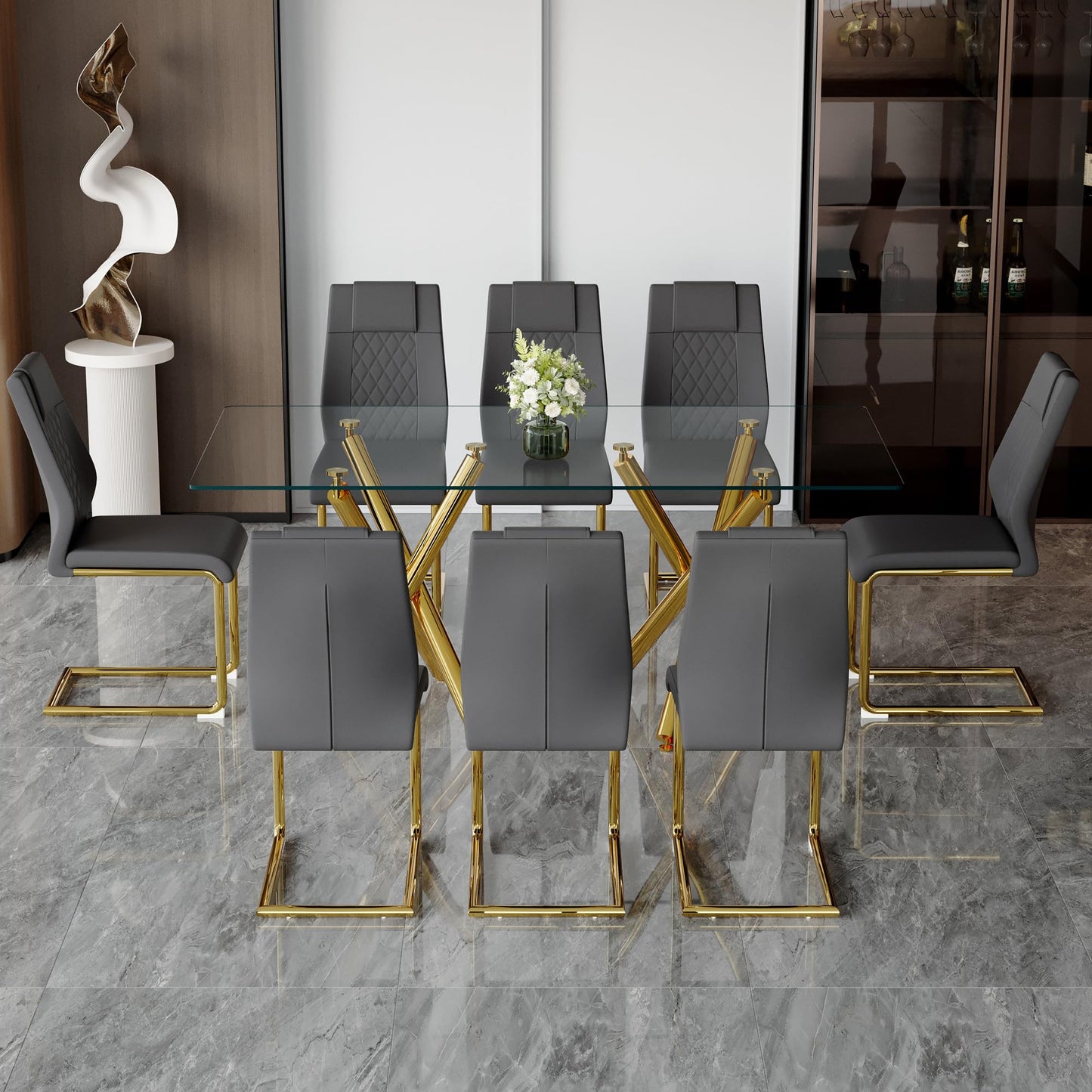 AZmac Modern Dining Table Set for 8 with Gold Metal Frame, 9-Piece Glass Dining Table with PU High Back Chairs for Kitchen Dining Room, Glass Table and 8 White Chairs
