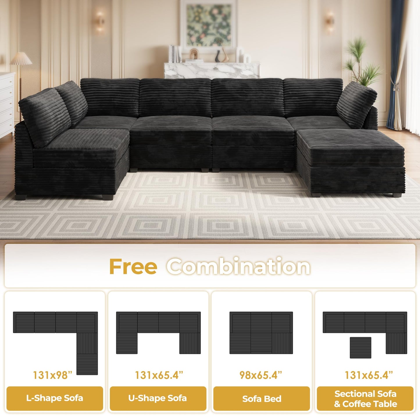 HOOOWOOO Modular Sectional Sofa,5 Pieces Sectional Couches for Living Room,98X98 L Shaped Cloud Couch Set(Grey Velvet Corduroy)