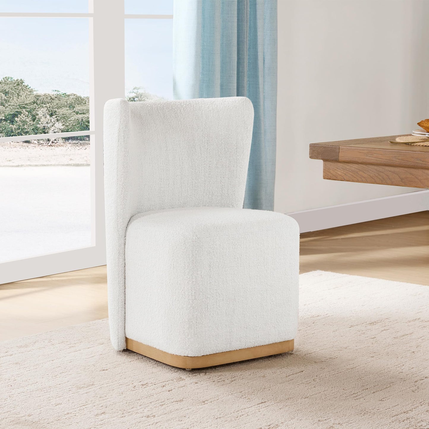 CHITA Upholstered Rolling Dining Chair with Casters Set of 2, Oatmeal | FSC Certified Modern Fabric Dining Chair with Casters, Boucle Dining Chairs for Reading Room Kitchen Dining Room
