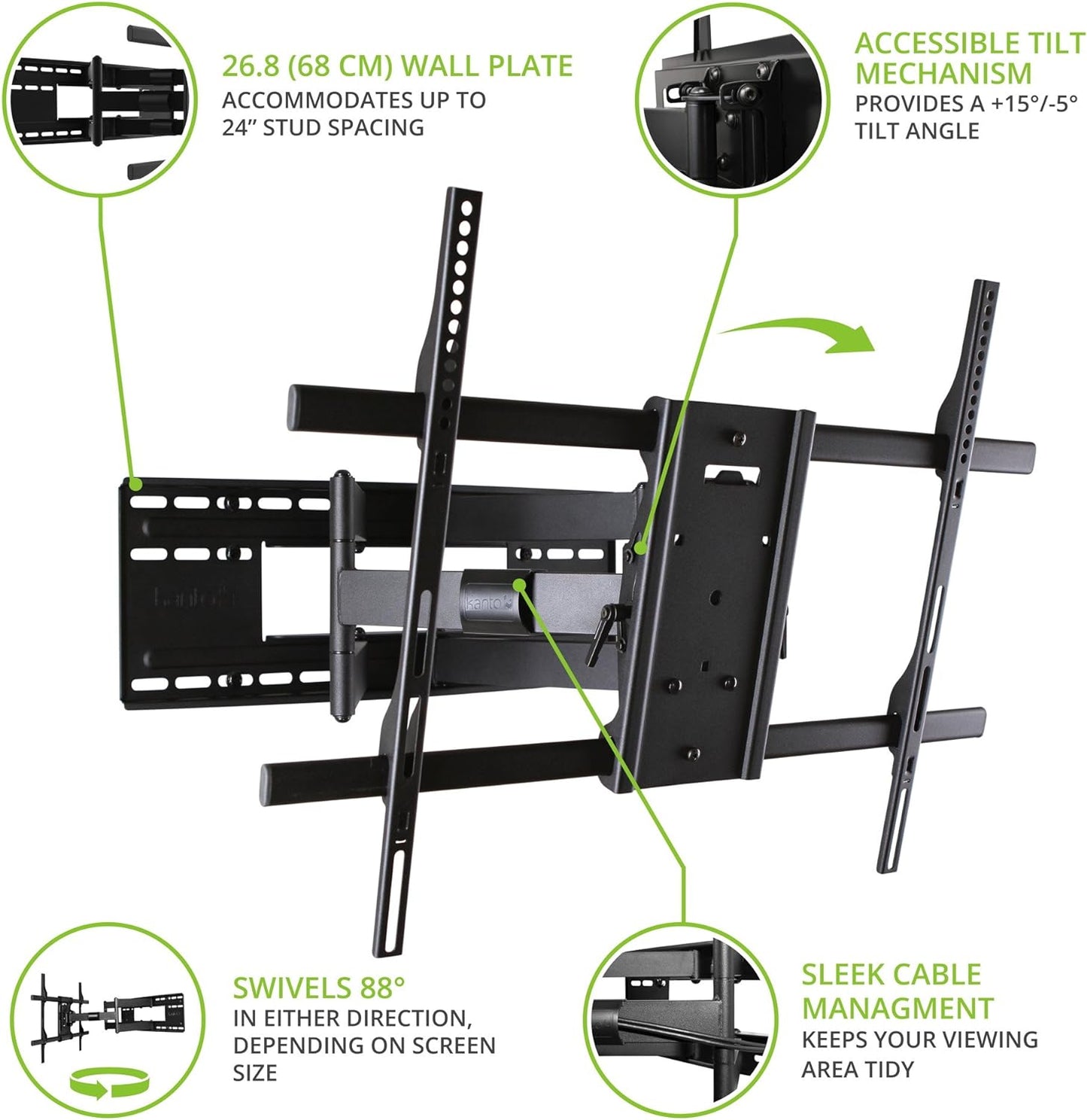Kanto FMX3C Full Motion Articulating Adjustable TV Wall Mount for 50 to 100 inch TVs | Supports up to 150 lbs. | Up to 28" Extension | +15° to -5° Tilt | 88° Swivel | VESA from 200x100 to 700x500