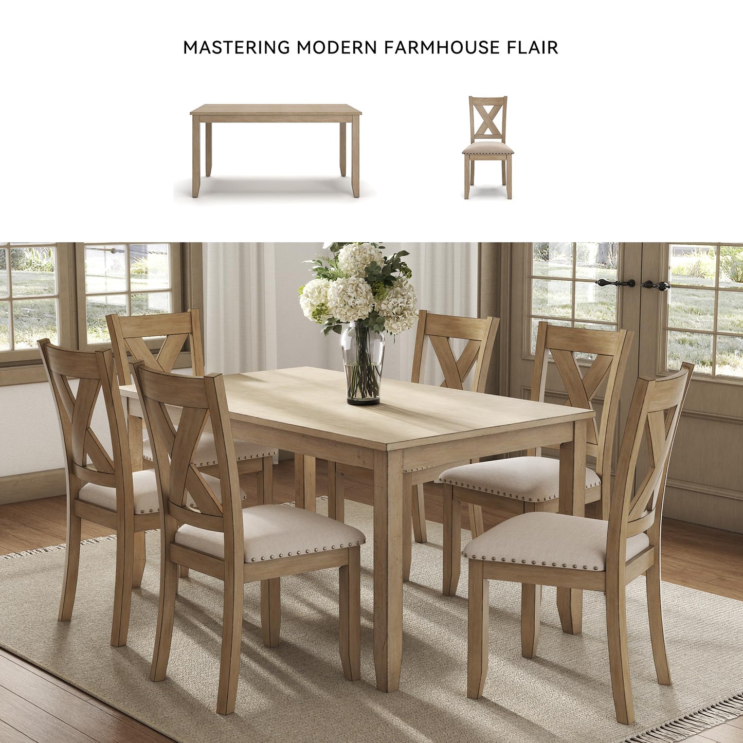 Signature Design by Ashley Skempton Cottage Dining Room Table Set with 6 Upholstered Chairs, Whitewash