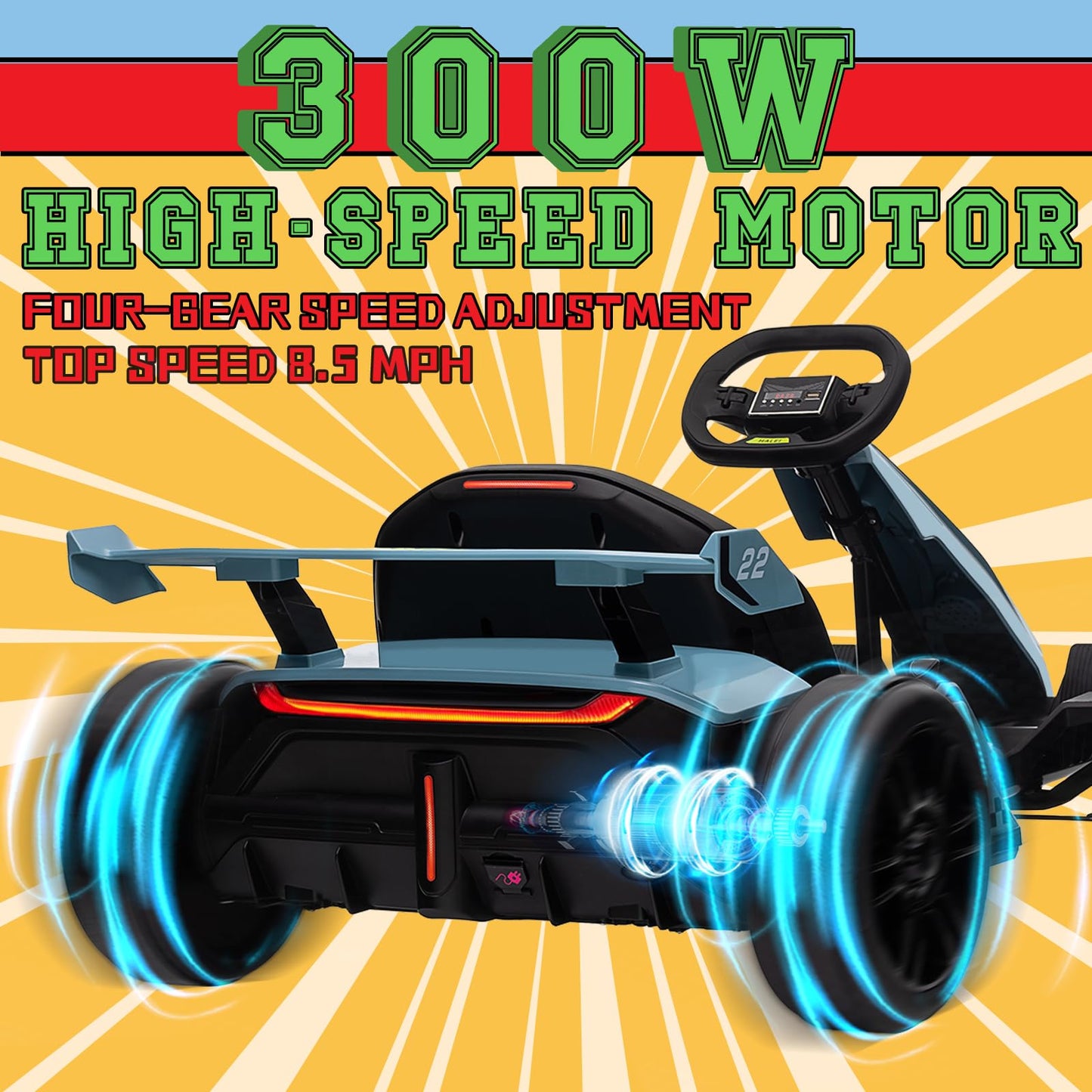 KerryYoo K61 Go Kart Electric Drift Kart with Length Adjustable Seat, 24V Outdoor Ride on Toy with 4 Speed Mode, Crazy Cart for Kids 6-12 Years Old, Fast 300W Motor, 8.5 MPH, Bluetooth - Blue