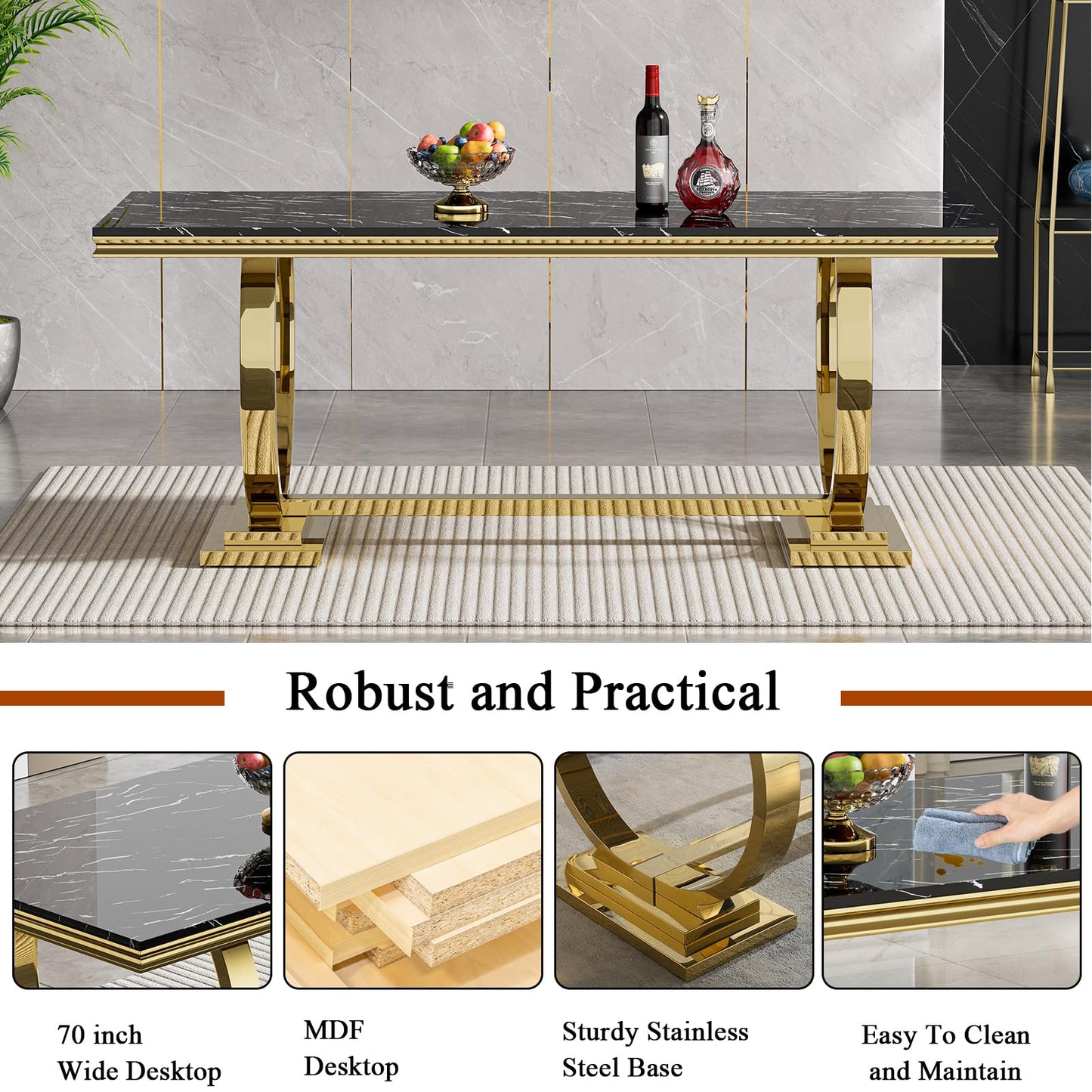HomVent 70" Faux Marble Dining Table Set for 6, Rectangular Marble Top Kitchen Table Set, Kitchen & Dining Room Sets, Dining Table and Dining Chair