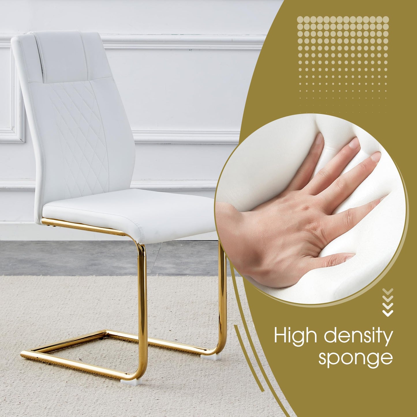 AZmac Modern Dining Table Set for 8 with Gold Metal Frame, 9-Piece Glass Dining Table with PU High Back Chairs for Kitchen Dining Room, Glass Table and 8 White Chairs