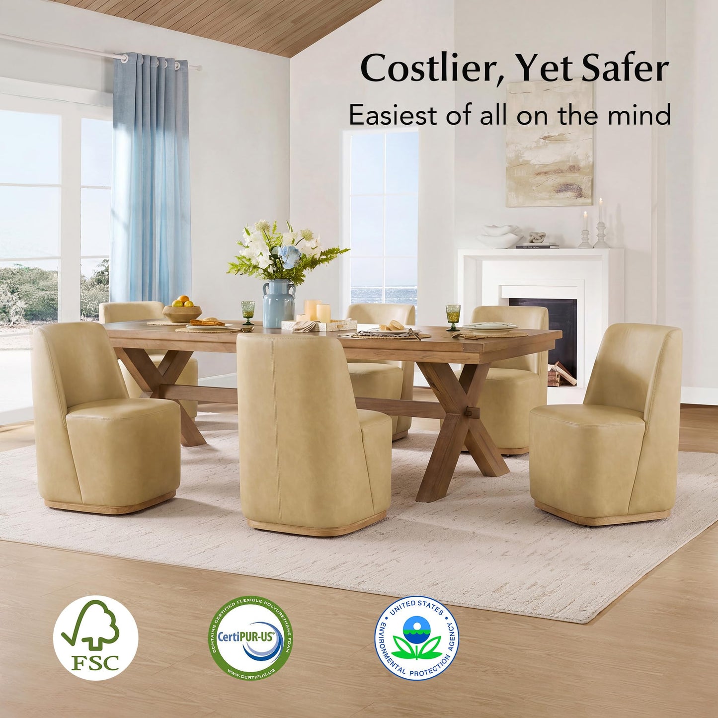 CHITA Upholstered Rolling Dining Chair with Casters Set of 2, Oatmeal | FSC Certified Modern Fabric Dining Chair with Casters, Boucle Dining Chairs for Reading Room Kitchen Dining Room