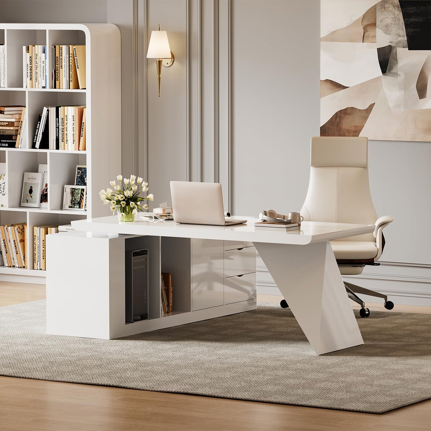 homary 70.9" Modern L-Shape Executive Desk, Home Office Desk with Drawers & Cabinet Modern Computer Desk for Home Business Furniture, Black, Right Hand