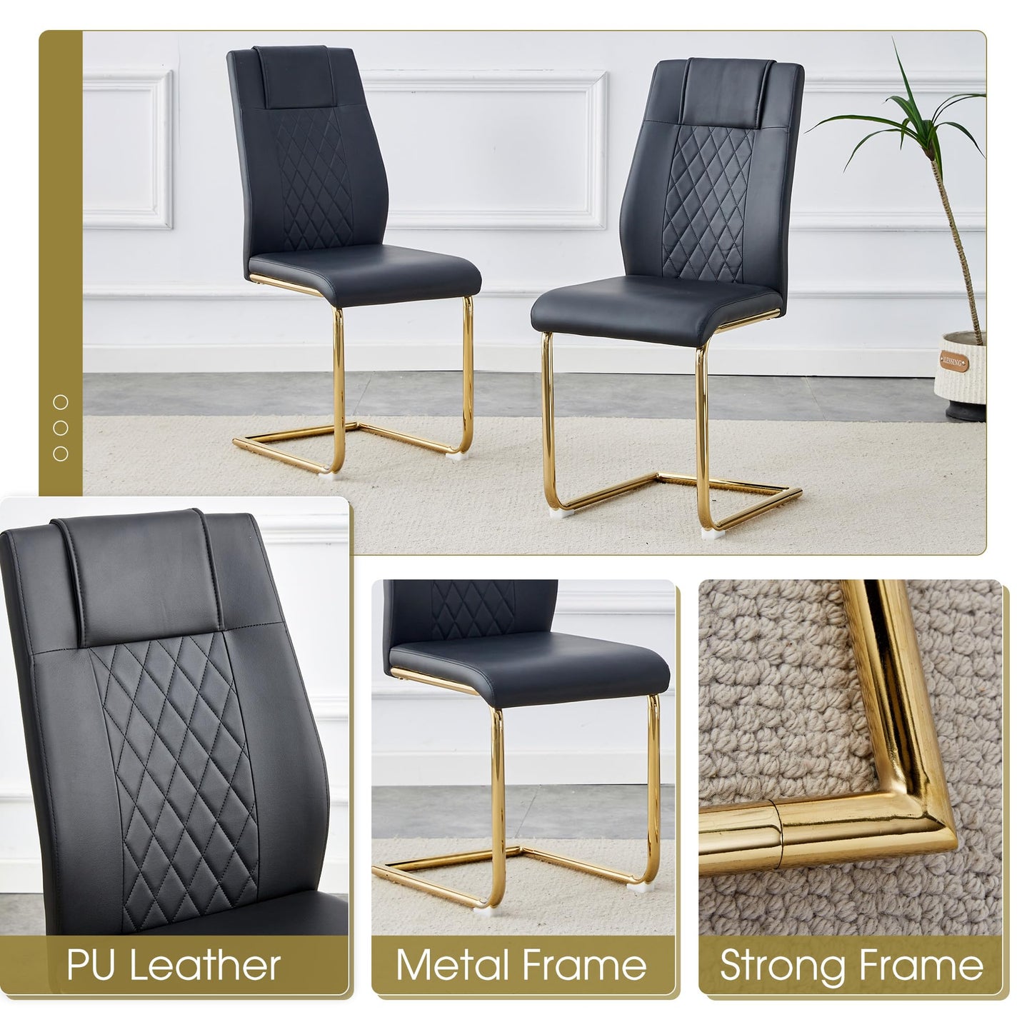 AZmac Modern Dining Table Set for 8 with Gold Metal Frame, 9-Piece Glass Dining Table with PU High Back Chairs for Kitchen Dining Room, Glass Table and 8 White Chairs