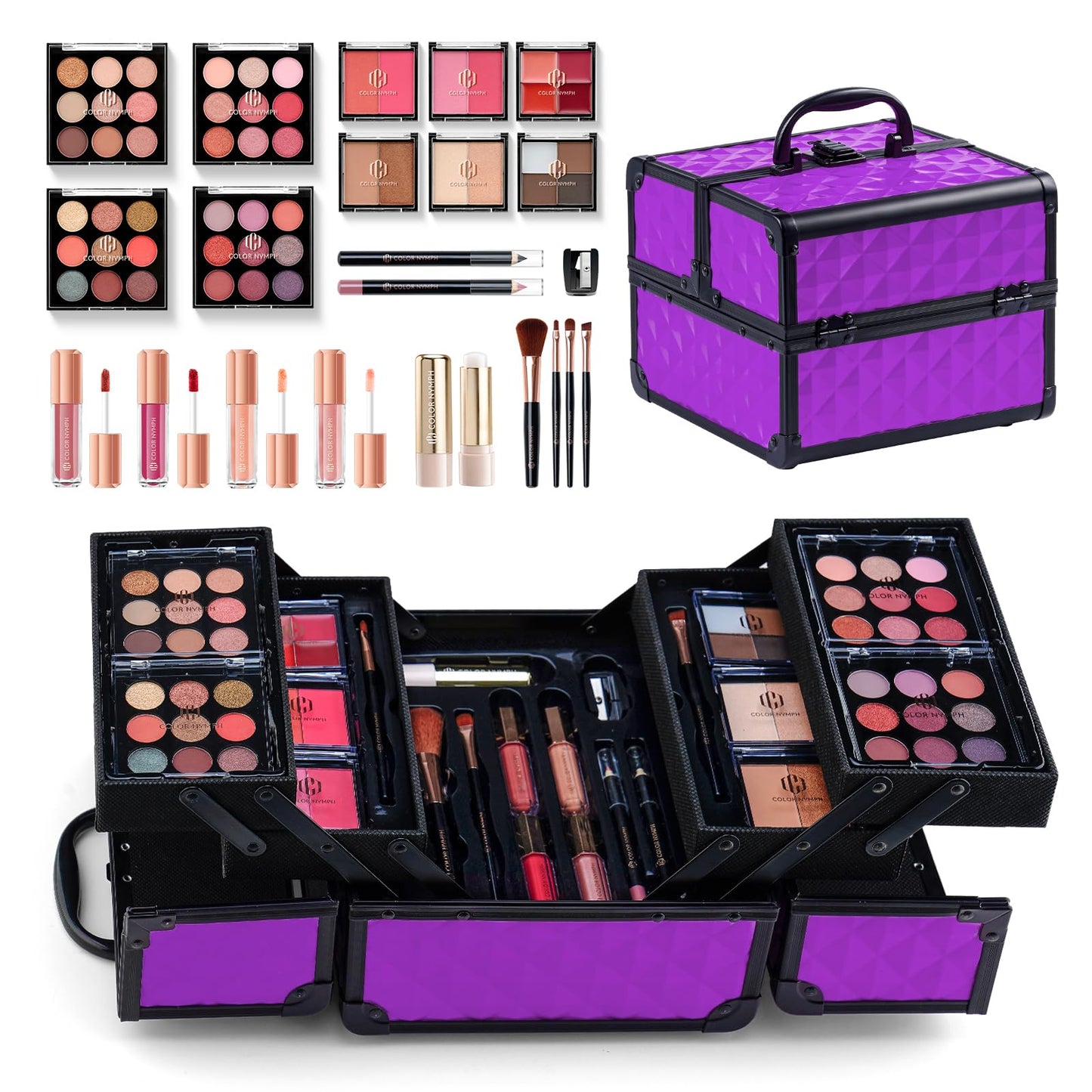 Color Nymph All In One Makeup Kit Comestics Gifts for Girls Teens, Travel Makeup Set 4 Trays Train Case for Beginner Includes Eyeshadow Highlighter Lipgloss Blush Concealer Brush Eyeliner Lipbalm