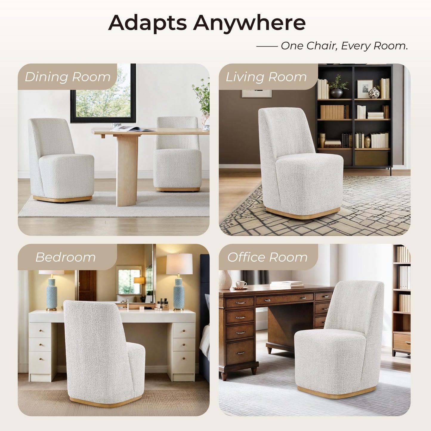 CHITA Upholstered Rolling Dining Chair on Casters Set of 4, FSC Certified Modern Fabric Dining Chair with Casters, Boucle Dining Chairs for Reading Room Waiting Room Kitchen Dining Room, Oatmeal