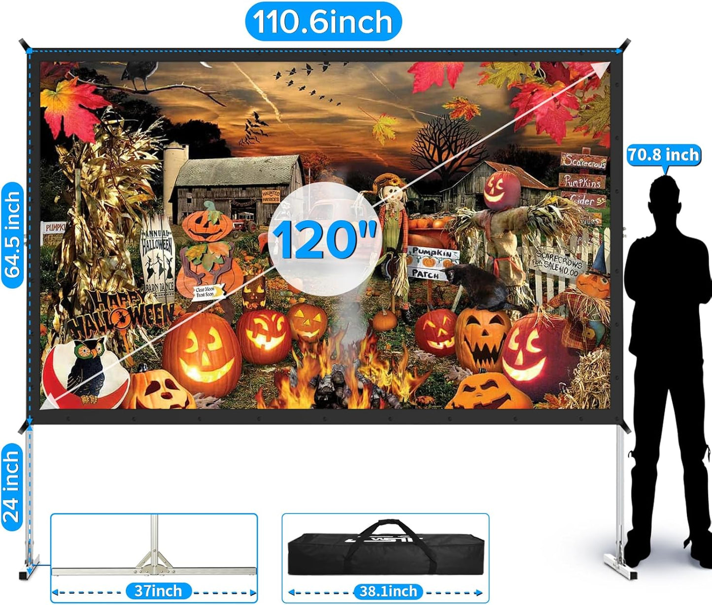 Projector Screen and Stand,JWSIT 135 inch Outdoor Movie Screen-Upgraded 3 Layers PVC 16:9 Outdoor Projector Screen,Portable Video Projection Screen with Carrying Bag for Home Theater Backyard