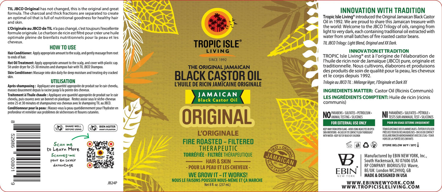 Tropic Isle Living Jamaican Black Castor Oil 8oz - For Hair Growth, Skin Conditioning, Eyebrows & Eyelashes, Scalp and Nail Care. Strengthen, Moisture & Repair