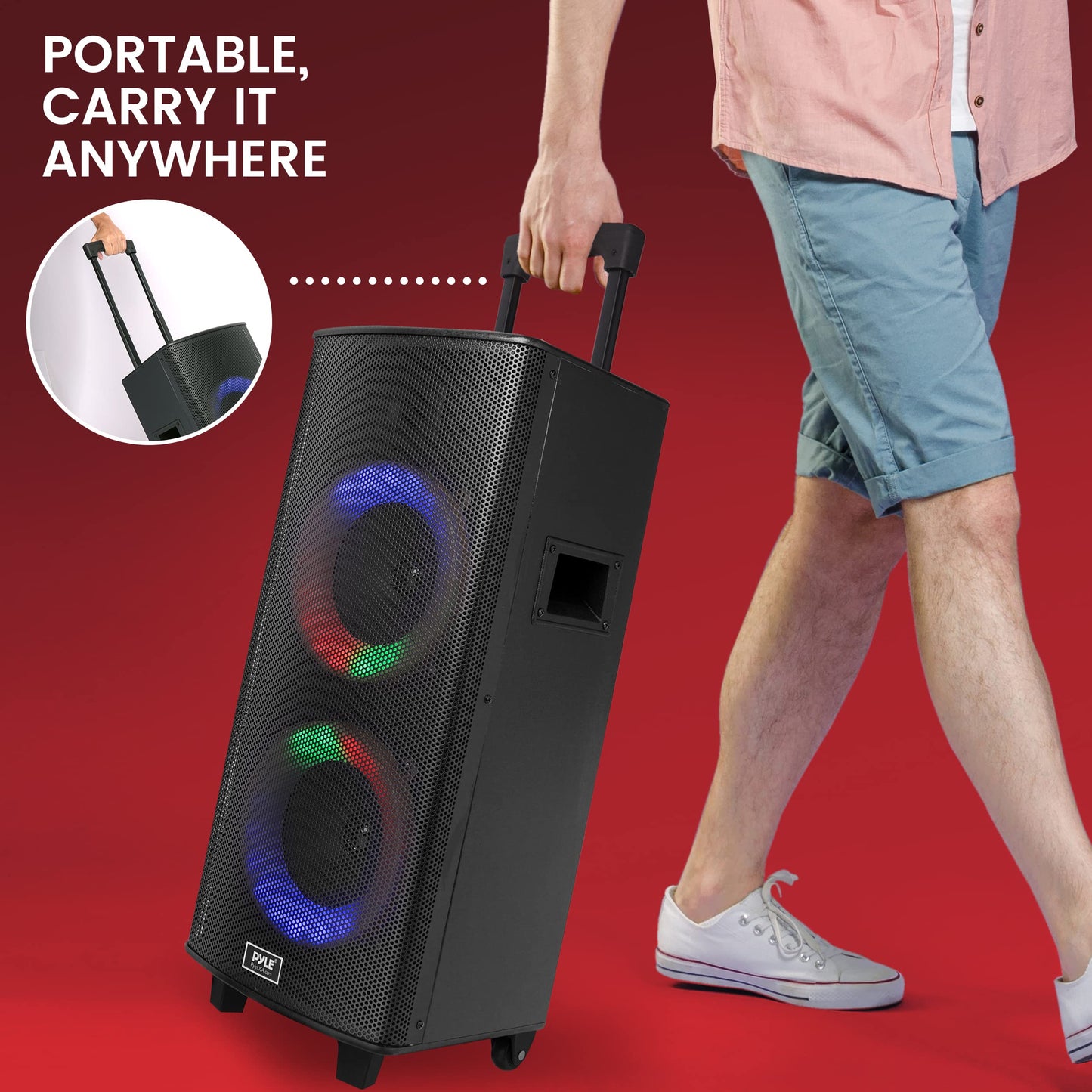 Pyle Portable Bluetooth PA Speaker System - 700W Dual 8” Rechargeable Speaker, TWS, Party Light, LED Display, FM/AUX/MP3/USB/SD, Wheels, Wireless Mic, Remote Control, Tablet Holder Included