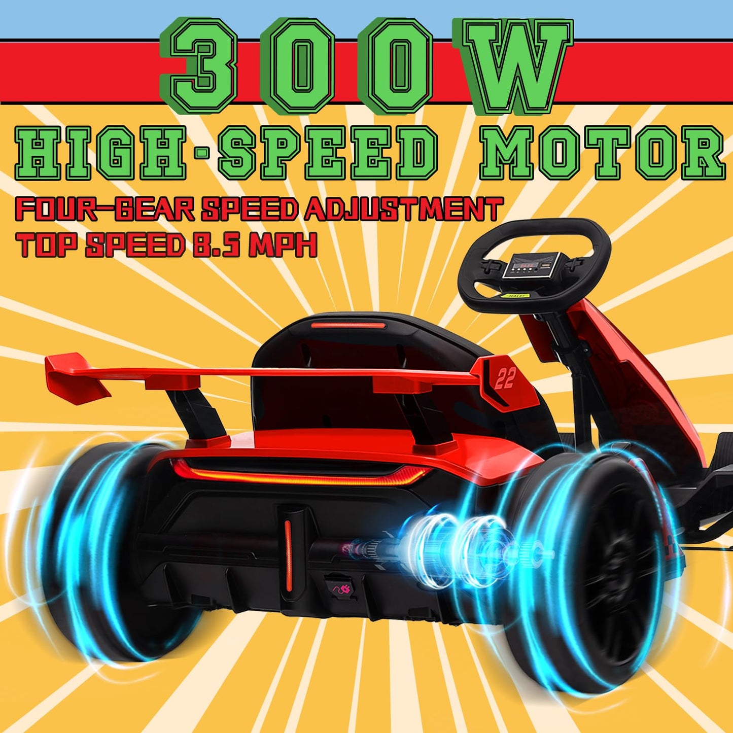 KerryYoo K61 Go Kart Electric Drift Kart with Length Adjustable Seat, 24V Outdoor Ride on Toy with 4 Speed Mode, Crazy Cart for Kids 6-12 Years Old, Fast 300W Motor, 8.5 MPH, Bluetooth - Blue