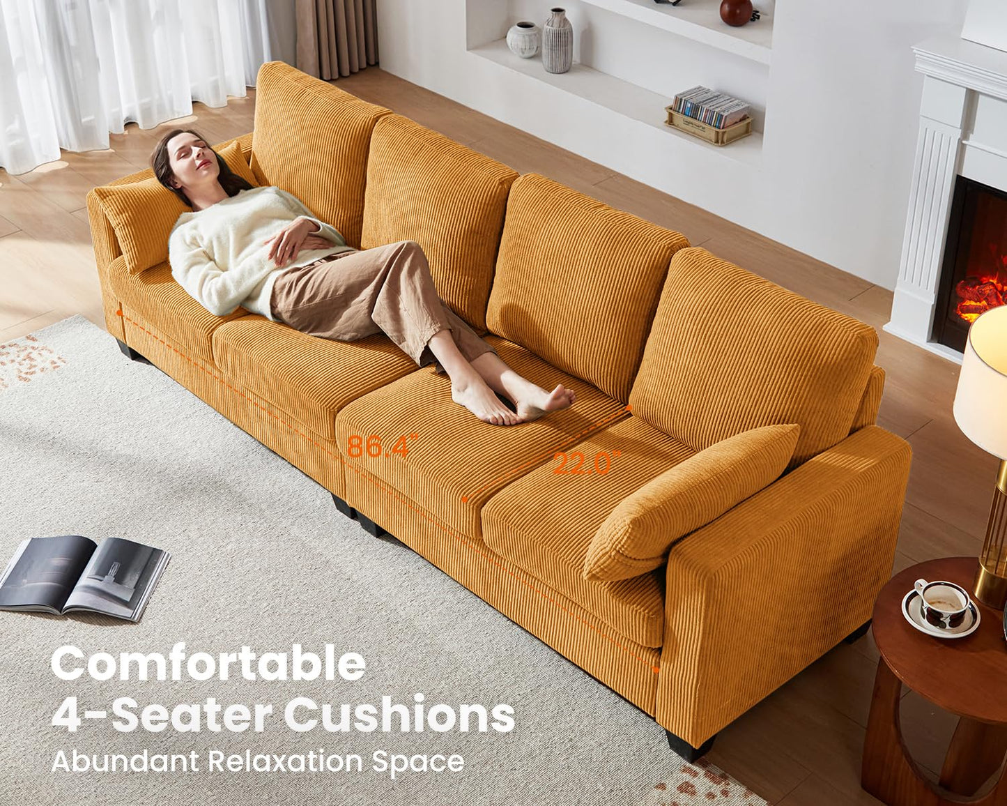 CHIC HOUSE Corduroy Modular Sectional Couch with Ottoman Chaise, L Shaped 4-seat Sofa for Living Room, Apartment, Lounge, Modern Armrest Neck Support Furniture