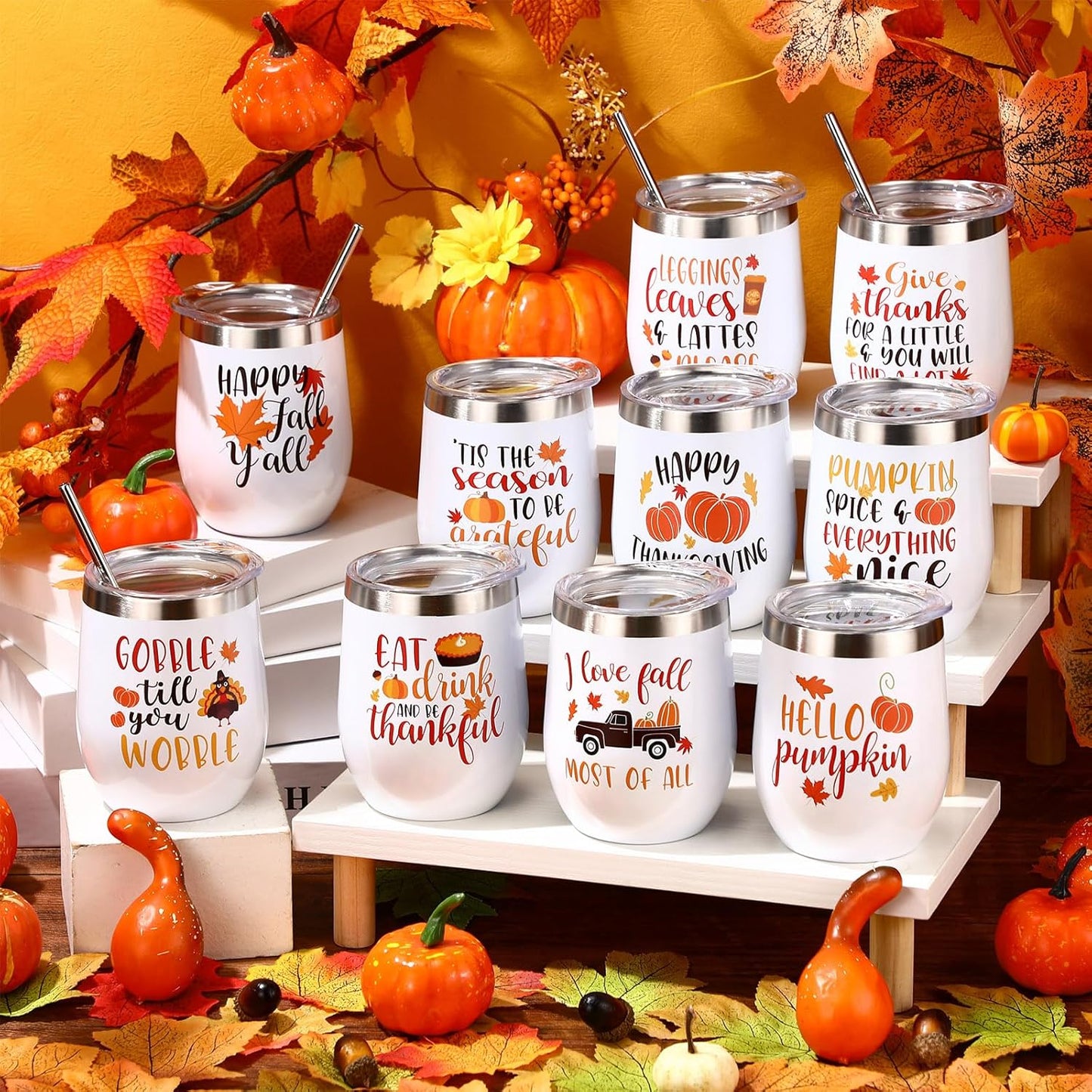 10 Pcs Thanksgiving Fall Tumbler with Lid and Straw Happy Fall Gift 12 oz Pumpkin Coffee Mug Wine Tumbler Maple Leaves Autumn Travel Mug Stainless Steel Insulated for Thanksgiving Party Favor