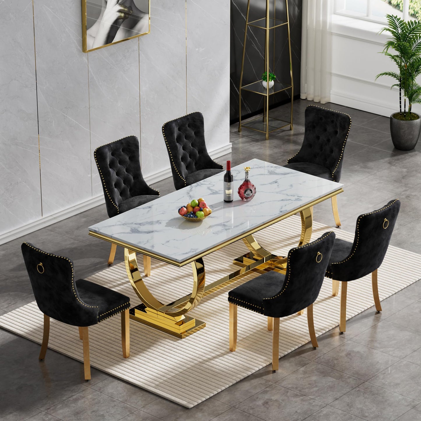 HomVent 70" Faux Marble Dining Table Set for 6, Rectangular Marble Top Kitchen Table Set, Kitchen & Dining Room Sets, Dining Table and Dining Chair