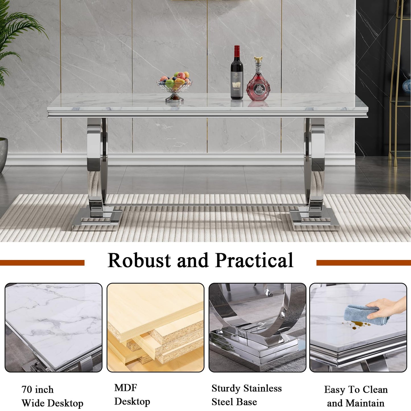 HomVent 70" Faux Marble Dining Table Set for 6, Rectangular Marble Top Kitchen Table Set, Kitchen & Dining Room Sets, Dining Table and Dining Chair