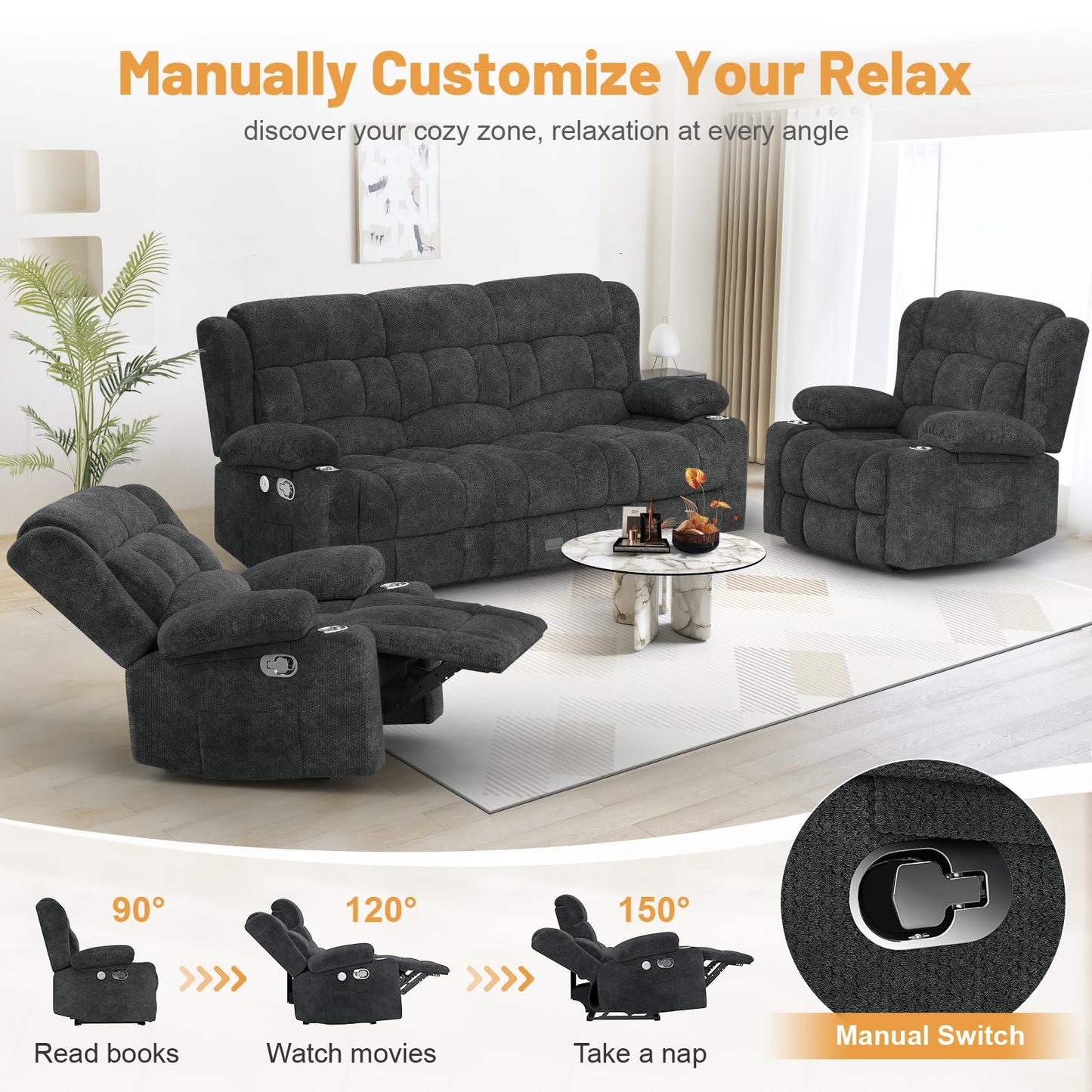 Loveseat Recliner Sofa, Flip Middle Backrest Design 3 Seat Reclining Sofa with Storage Drawer, USB Ports & Cup Holders, Manual Couch for Living Room/RV (Gray)